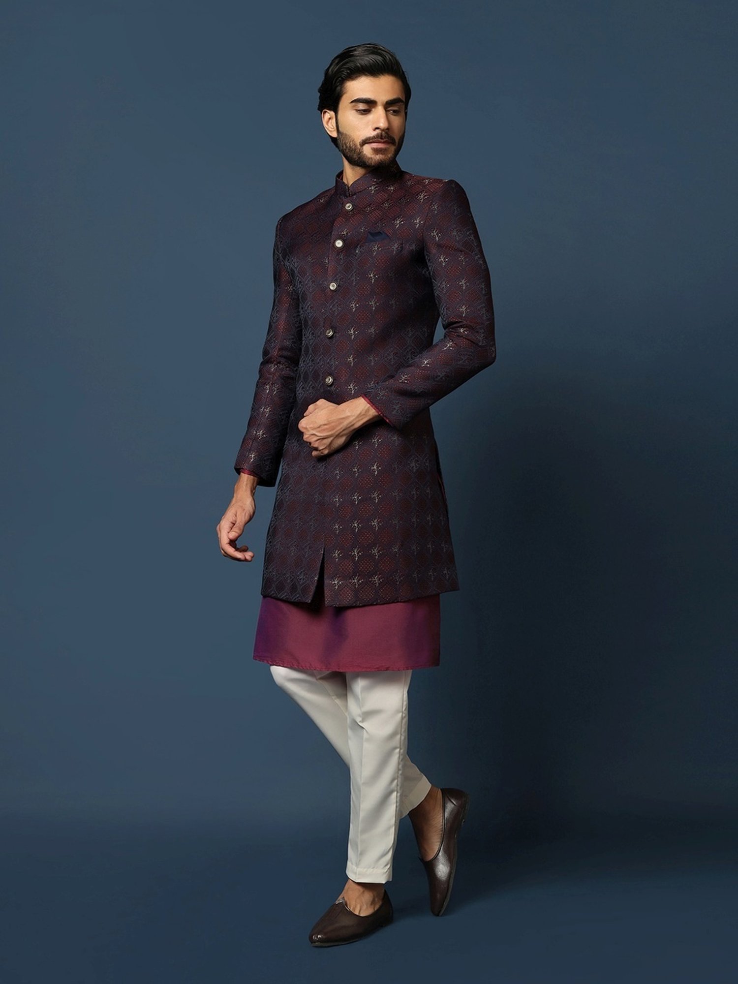 KISAH Maroon Cotton Regular Fit Self Pattern Sherwani Set
