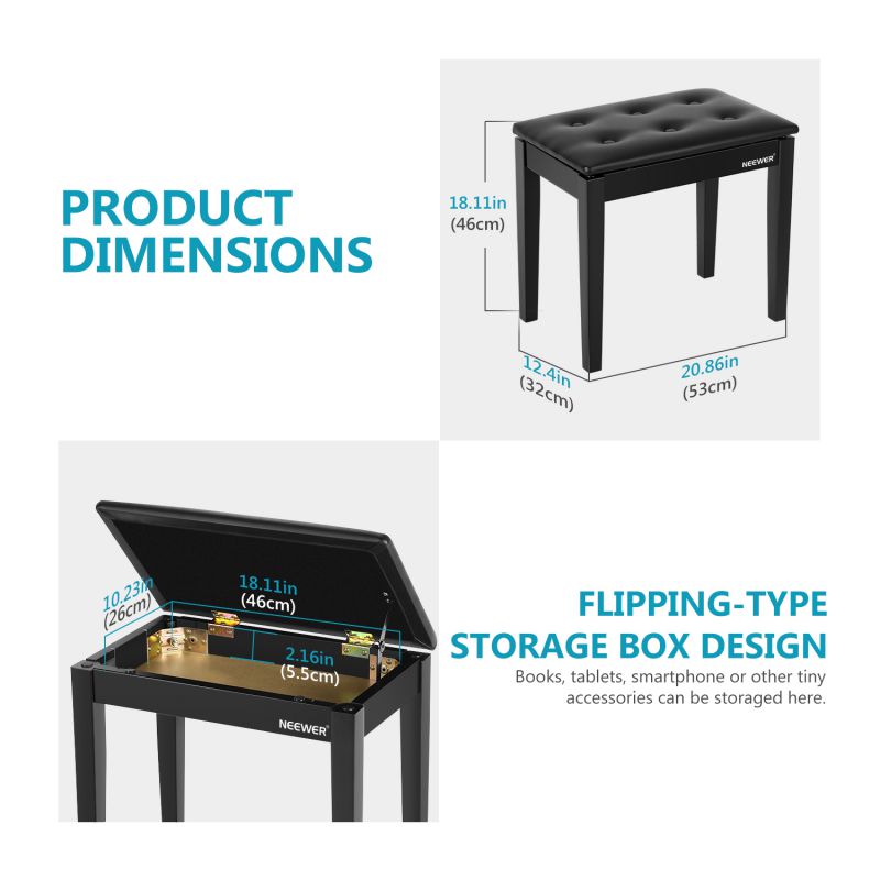 Neewer Wooden Piano Bench Stool with Sheet Music Storage Black Solo Seat PU Leather Cushion, Solid Hard Wood Construction DX10