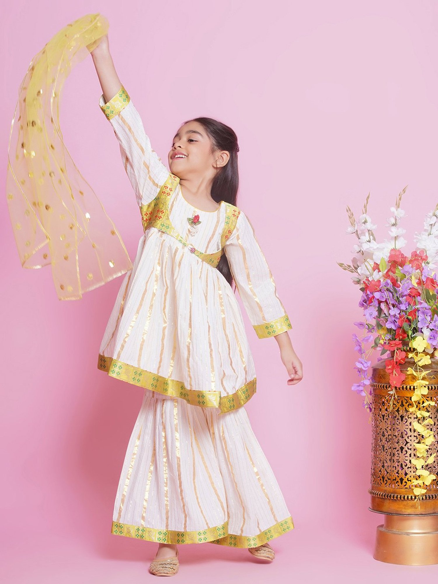 Little Bansi Kids Cream & Green Self Design Kurta, Gharara with Dupatta