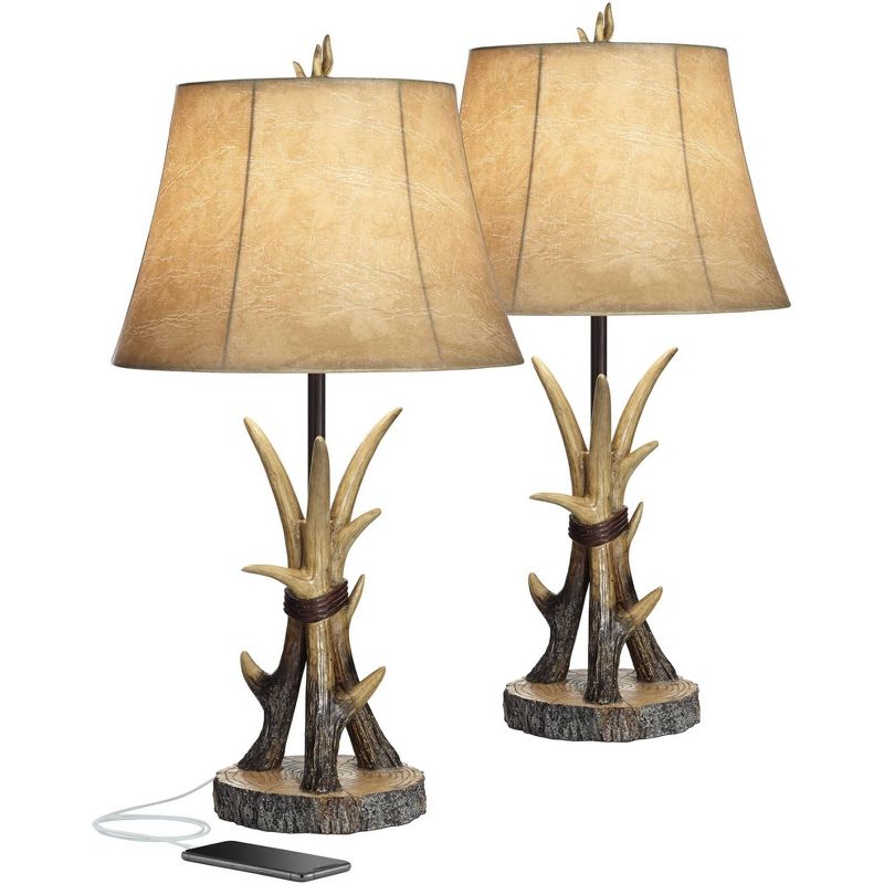 John Timberland Rustic Western Table Lamps Set of 2 with USB Charging Port Natural Antler Bell Shade Living Room Bedroom Bedside
