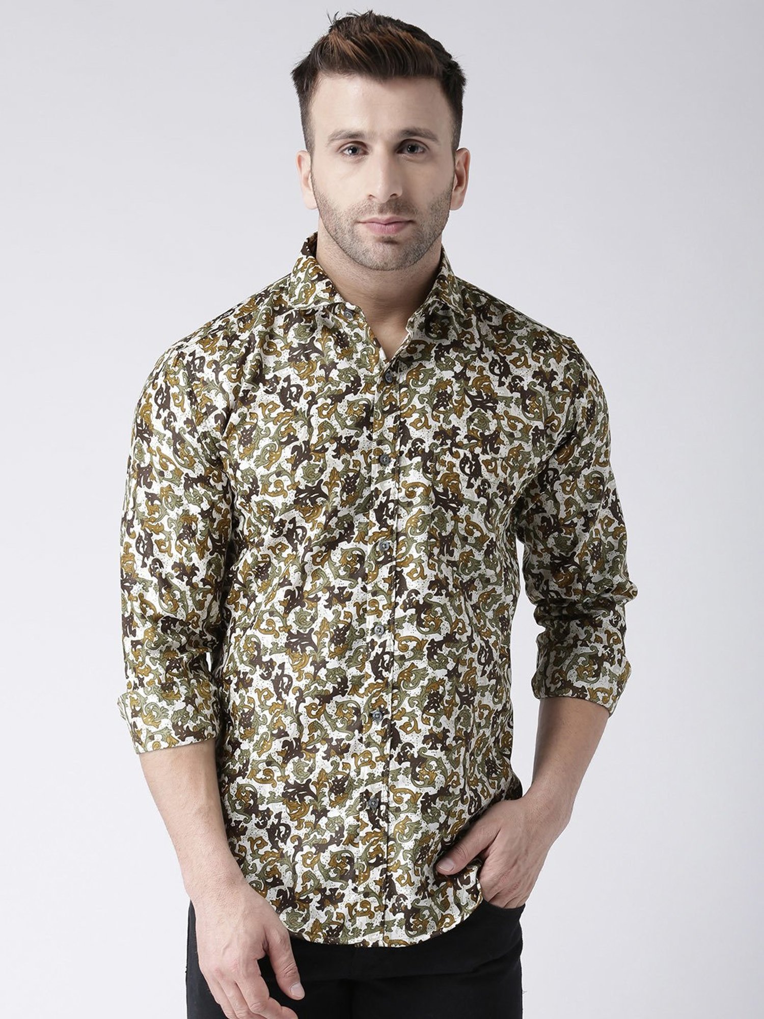 Hangup Plus Dark Green Slim Fit Printed Shirt