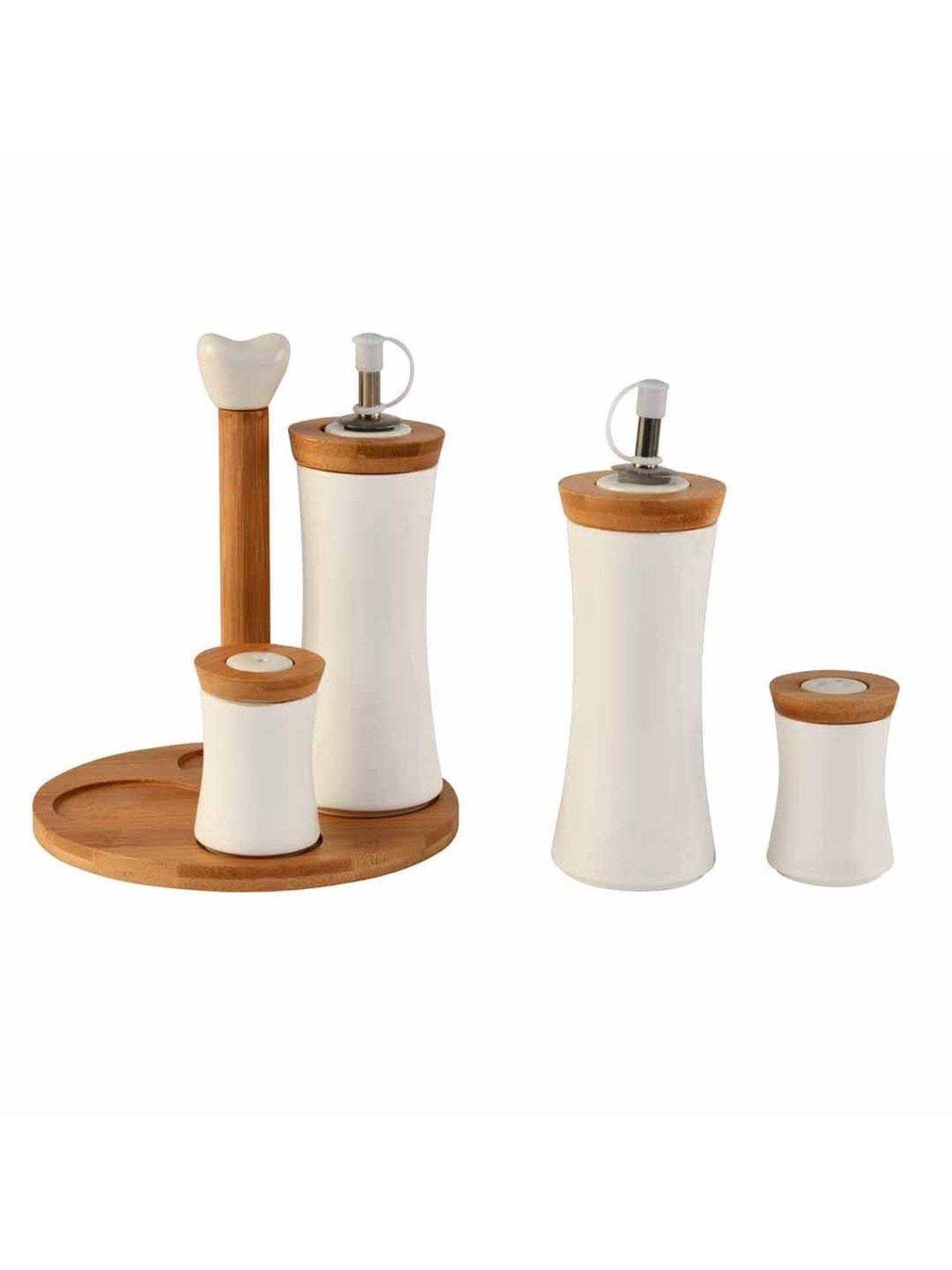 @Home White Ceramic 4Pcs Storage Container Set with Bamboo Base