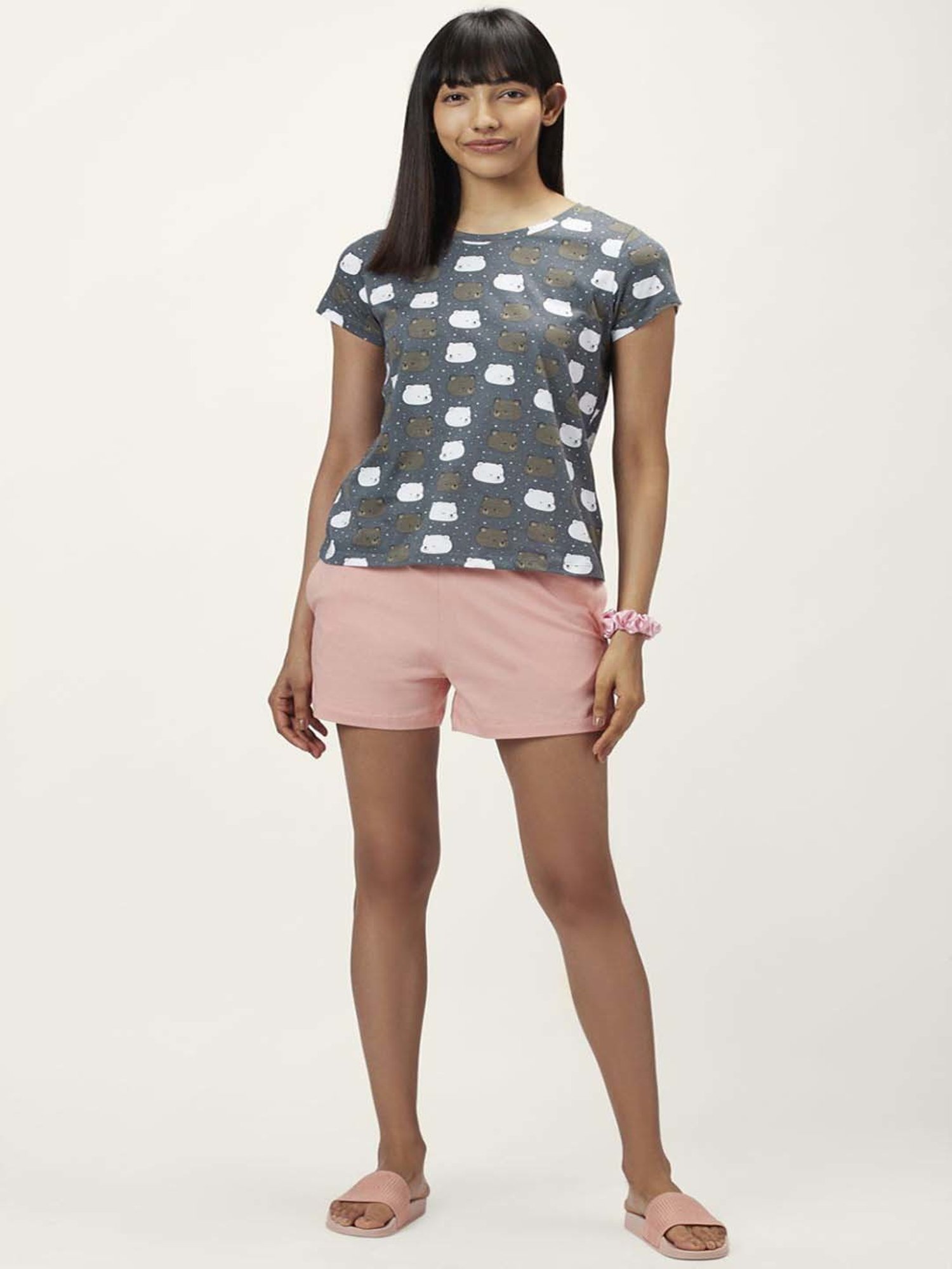 Dreamz by Pantaloons Grey Pink Cotton Graphic Print T-Shirt Shorts Set