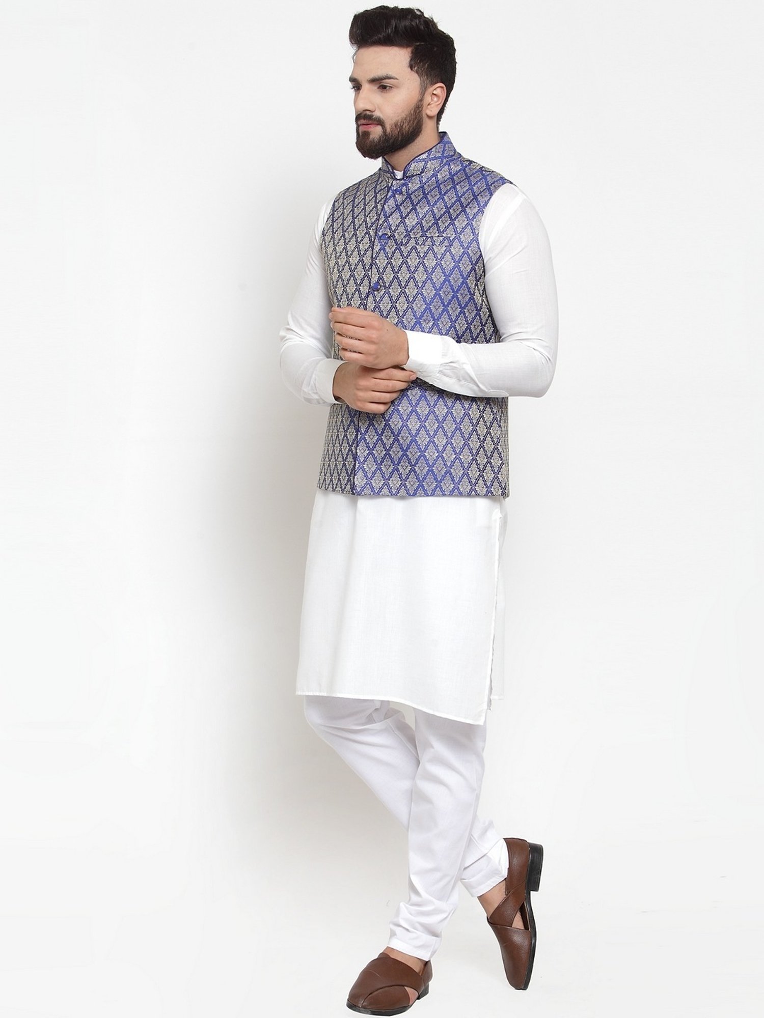Treemoda Royal Blue Regular Fit Self Pattern Nehru Jacket