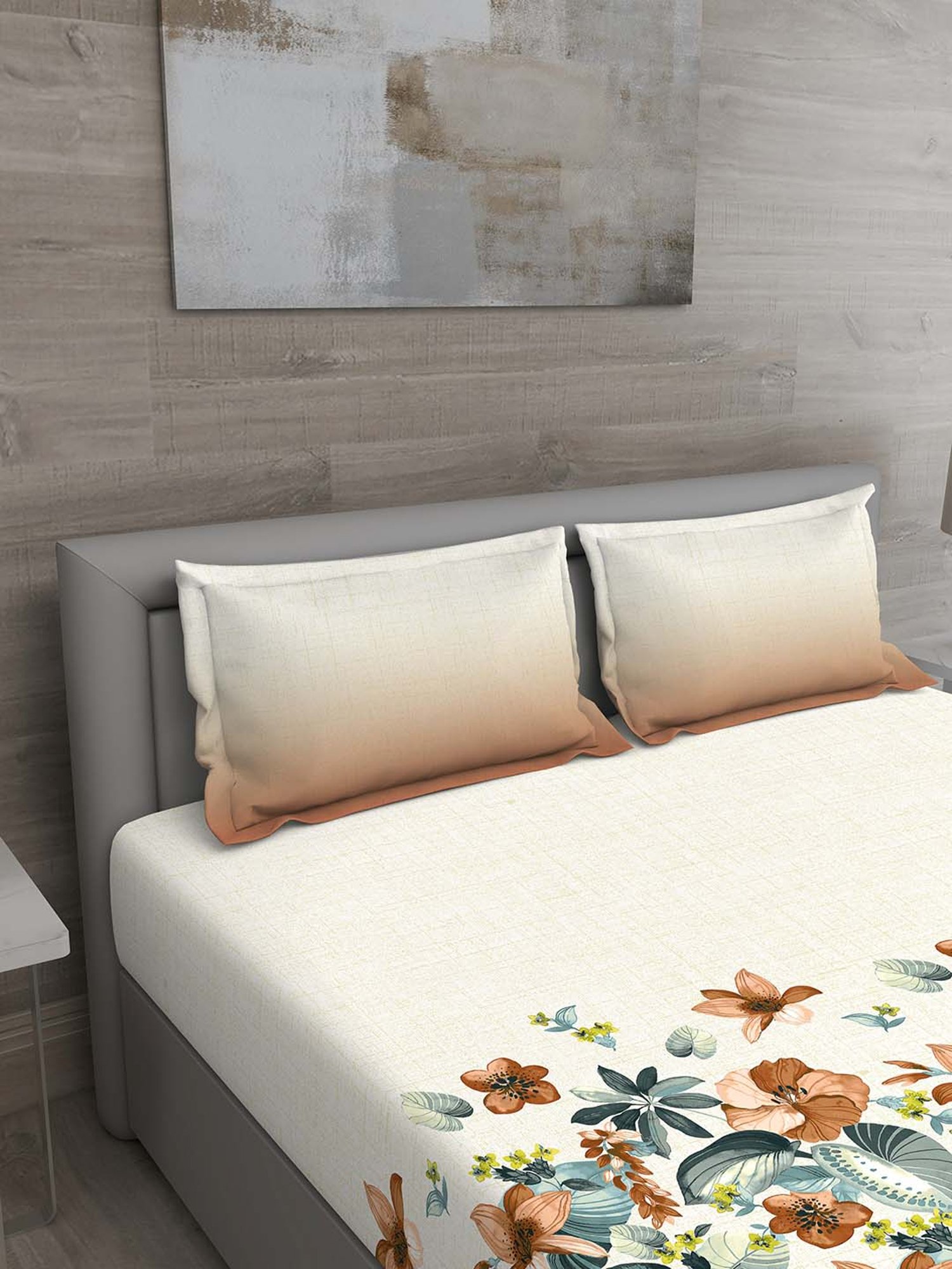 GM Off-White & Brown 100% Cotton 144 TC Queen Bedsheet Set