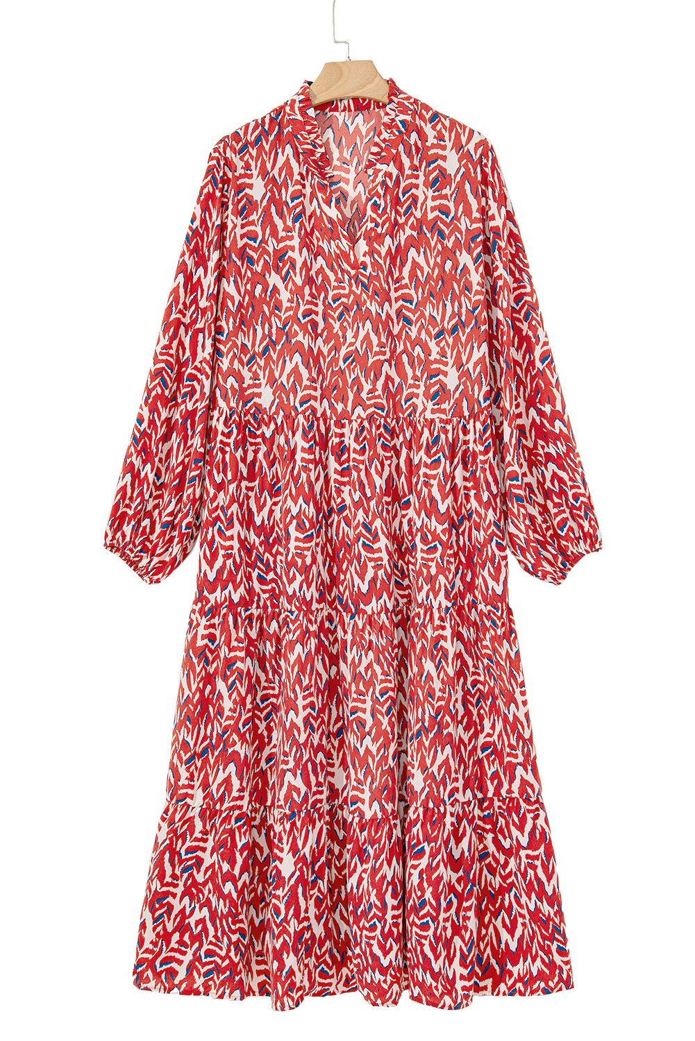 Red Plus Size Abstract Print Notch V Neck High Waist Maxi Dress