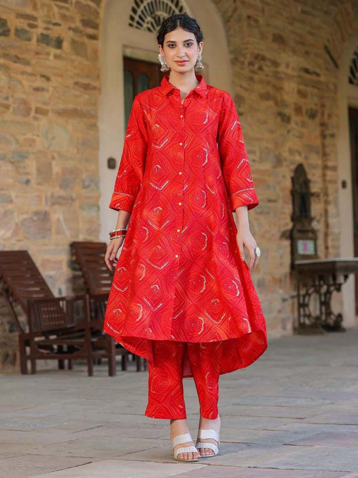 SCAKHI Crimson Red Printed Tunic Pant Set