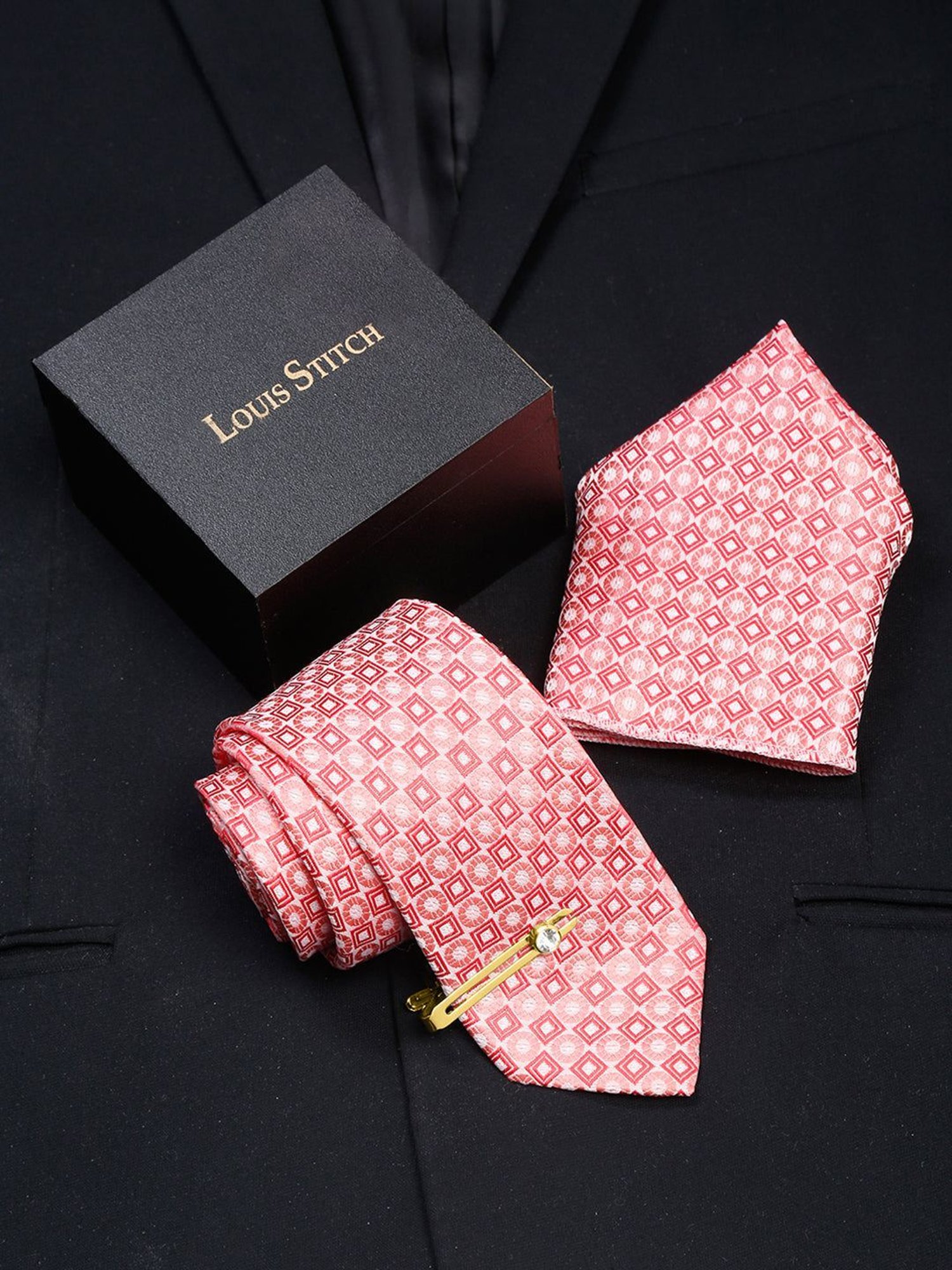 Louis Stitch Peach Printed Necktie Gift Set - Set of 3