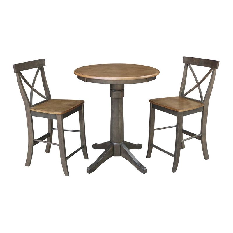 30" Mali Round Pedestal Gathering Height Table with 2 X Back Counter Height Bar Stools Dining Sets Hickory - International Concepts