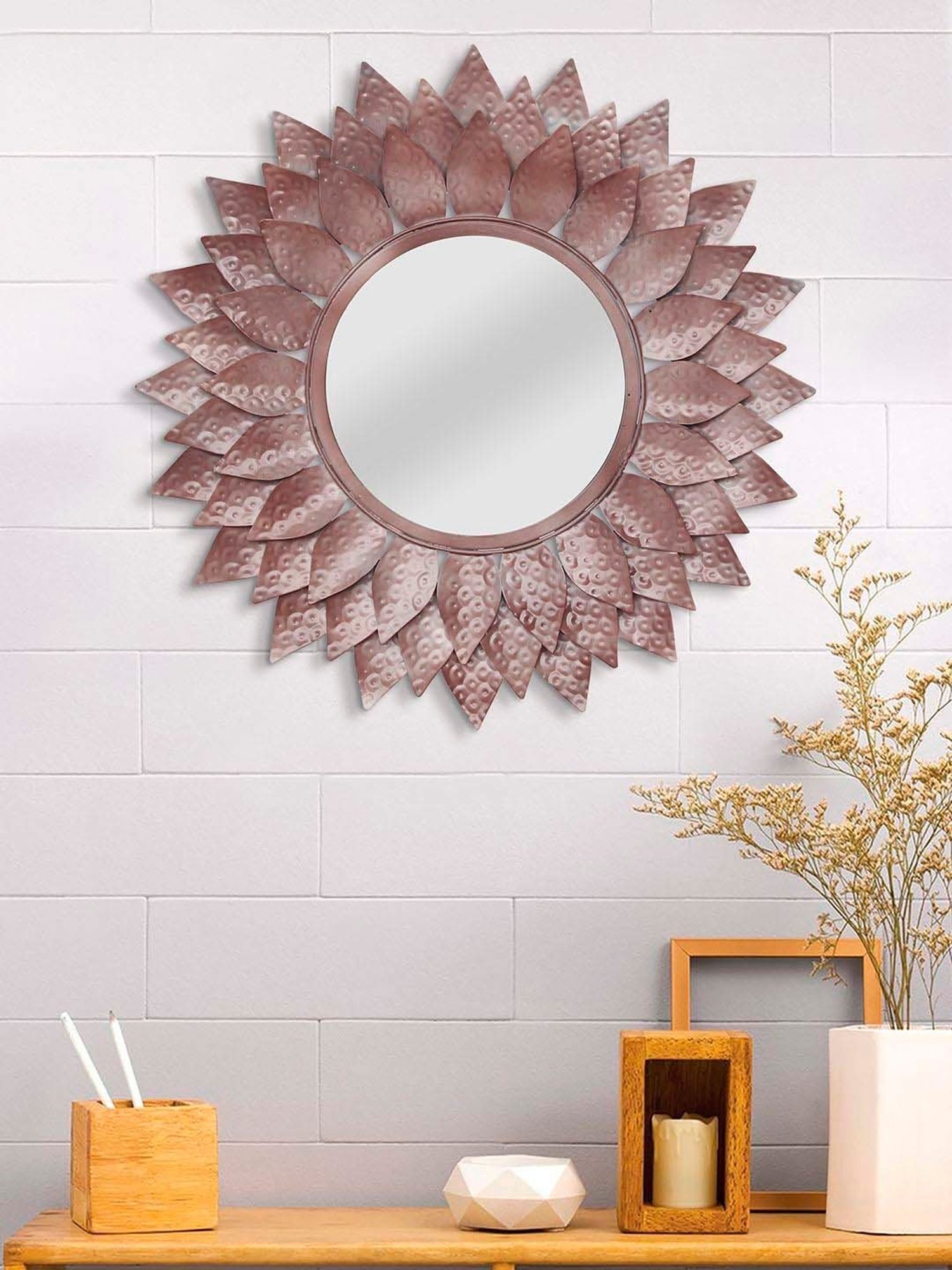 CHRONIKLE Pink Iron Sun Burst Designer Round Wall Mirror
