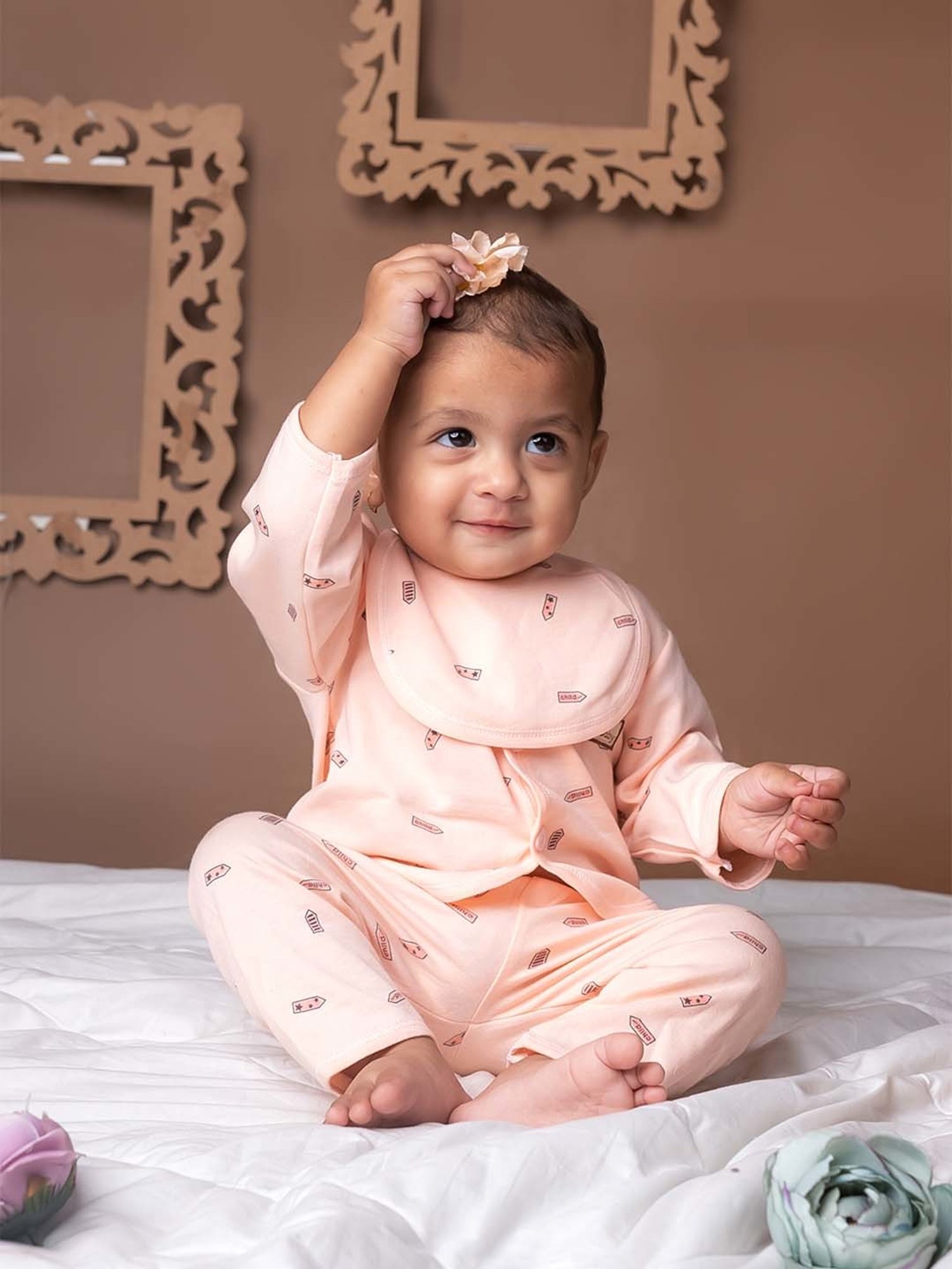 Baby Moo Kids Peach Printed Full Sleeves T-Shirt Set