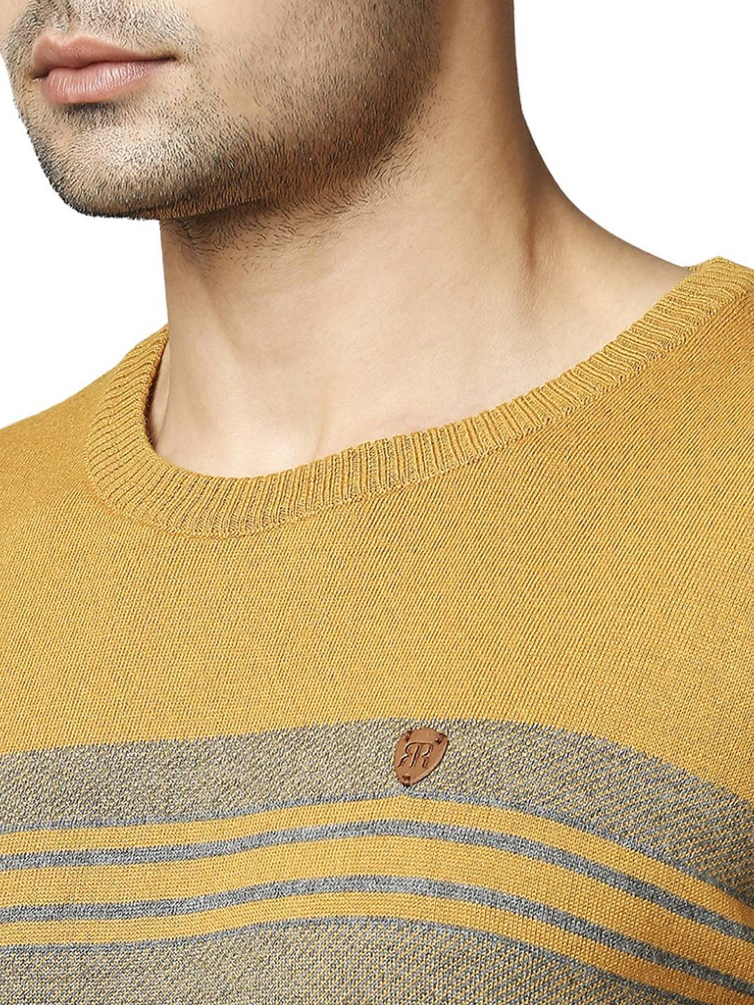 Raymond Yellow  Regular Fit Striped Sweaters
