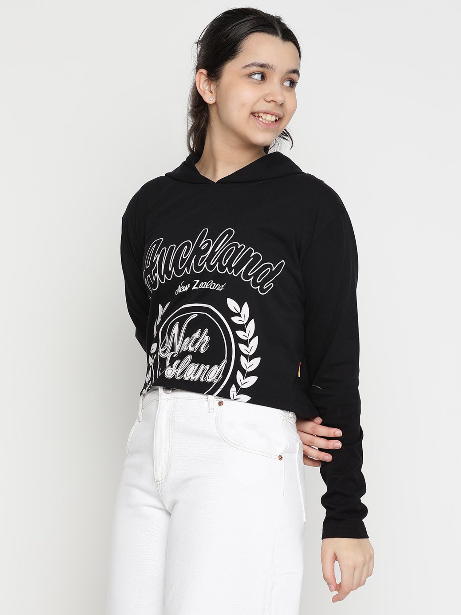 Lil Tomatoes Kids Black Graphic Print Full Sleeves Crop Top