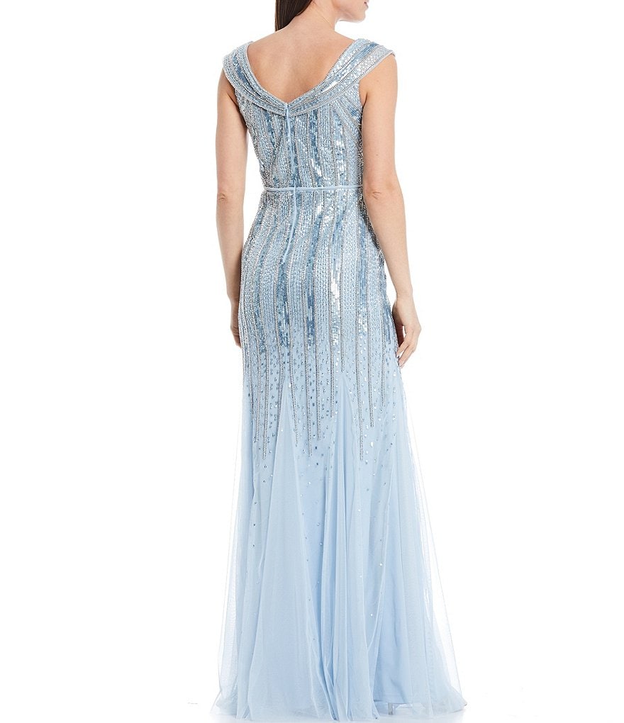 Aidan Mattox Off-the-Shoulder Mermaid V-Neck Beaded Mesh Godet Gown