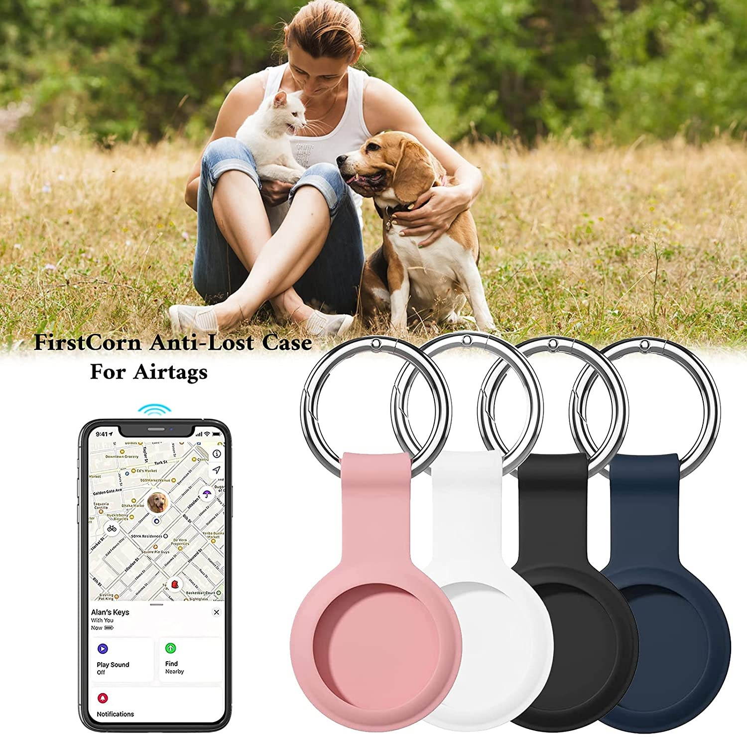 Portable Protector Case Cover for AirTags, Soft Silicone Anti-Scratch Protective Skin Case, with AirTag Key Chain, AirTags Holders, and Finder Accessory, Anti-Lost, Scratch-Resistant & Washable (Blue)