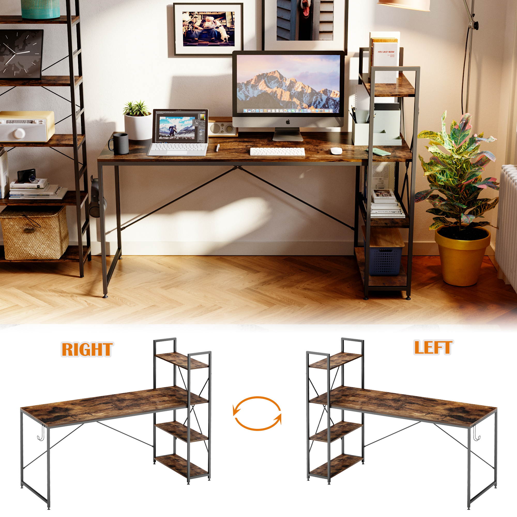 Bestier 63 Inch Computer Desk with Storage Shelves, Modern Bookshelf Desk with Headphone Hook Large Workstation Writing Desk with Reversible Bookshelves Home Office Work Table Study Desk Grey