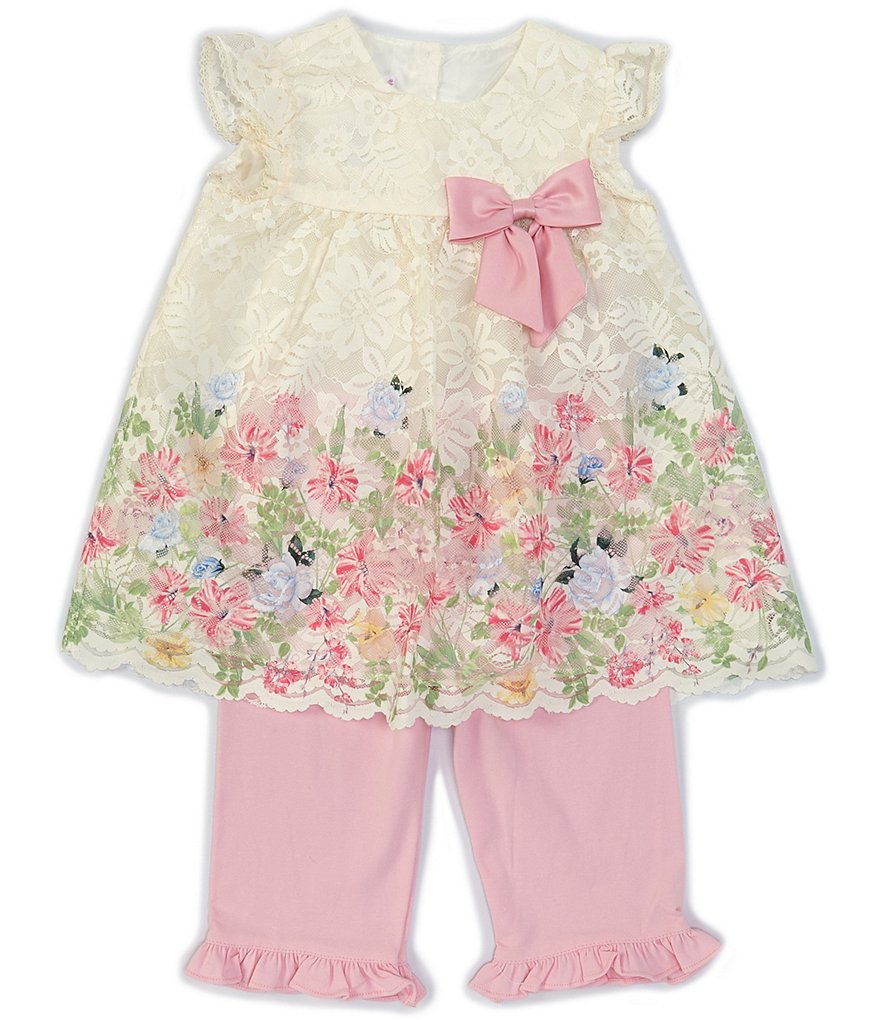 Bonnie Jean Little Girls 2T-6X Flutter-Sleeve Border-Print Lace Top & Capri Leggings Set