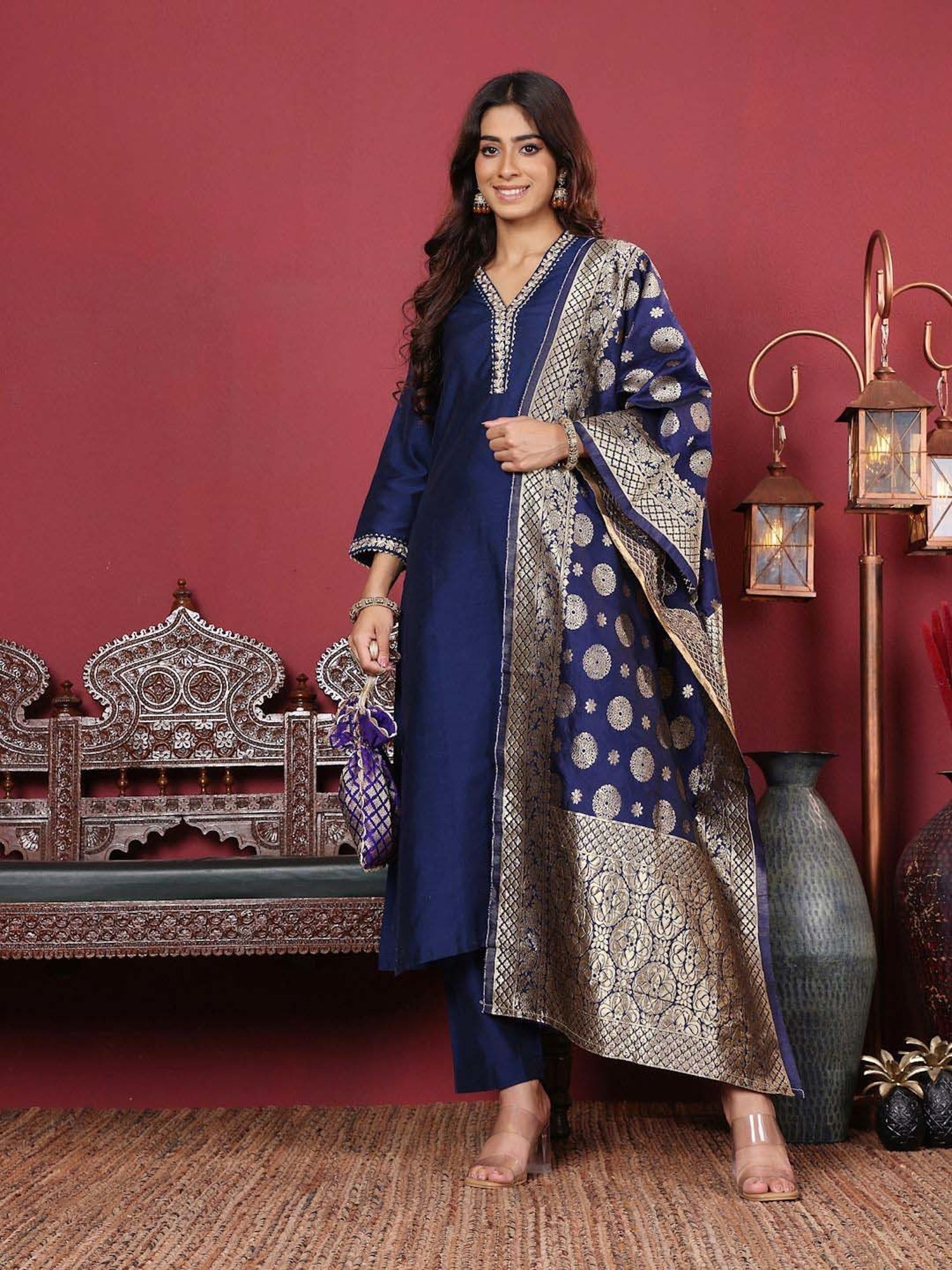 Varanga Blue Embroidered Kurta & Pant Set With Dupatta