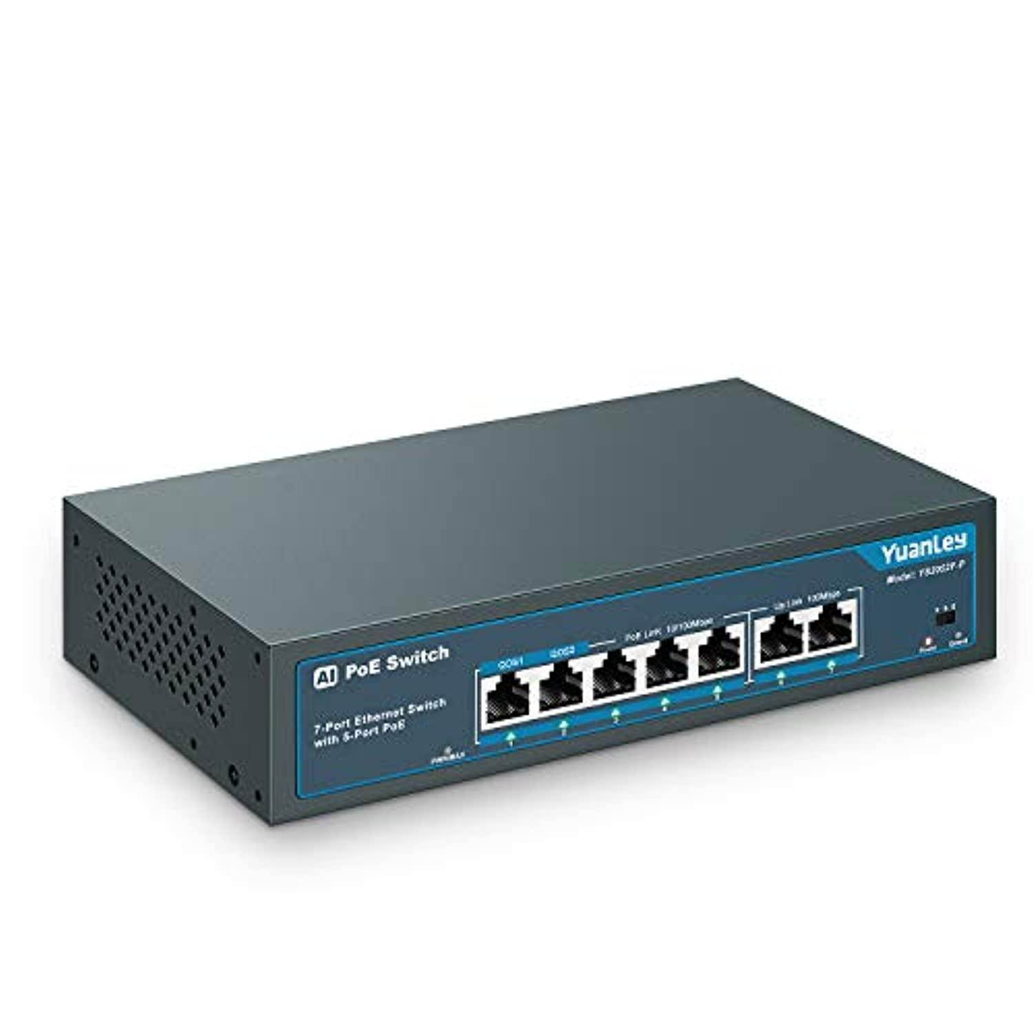 yuanley 7 port ai poe switch, 5 poe+ port 100mbps, 2 uplink, 78w 802.3af/at, metal desktop, qos, unmanaged plug and play ai smart detection ethernet switch