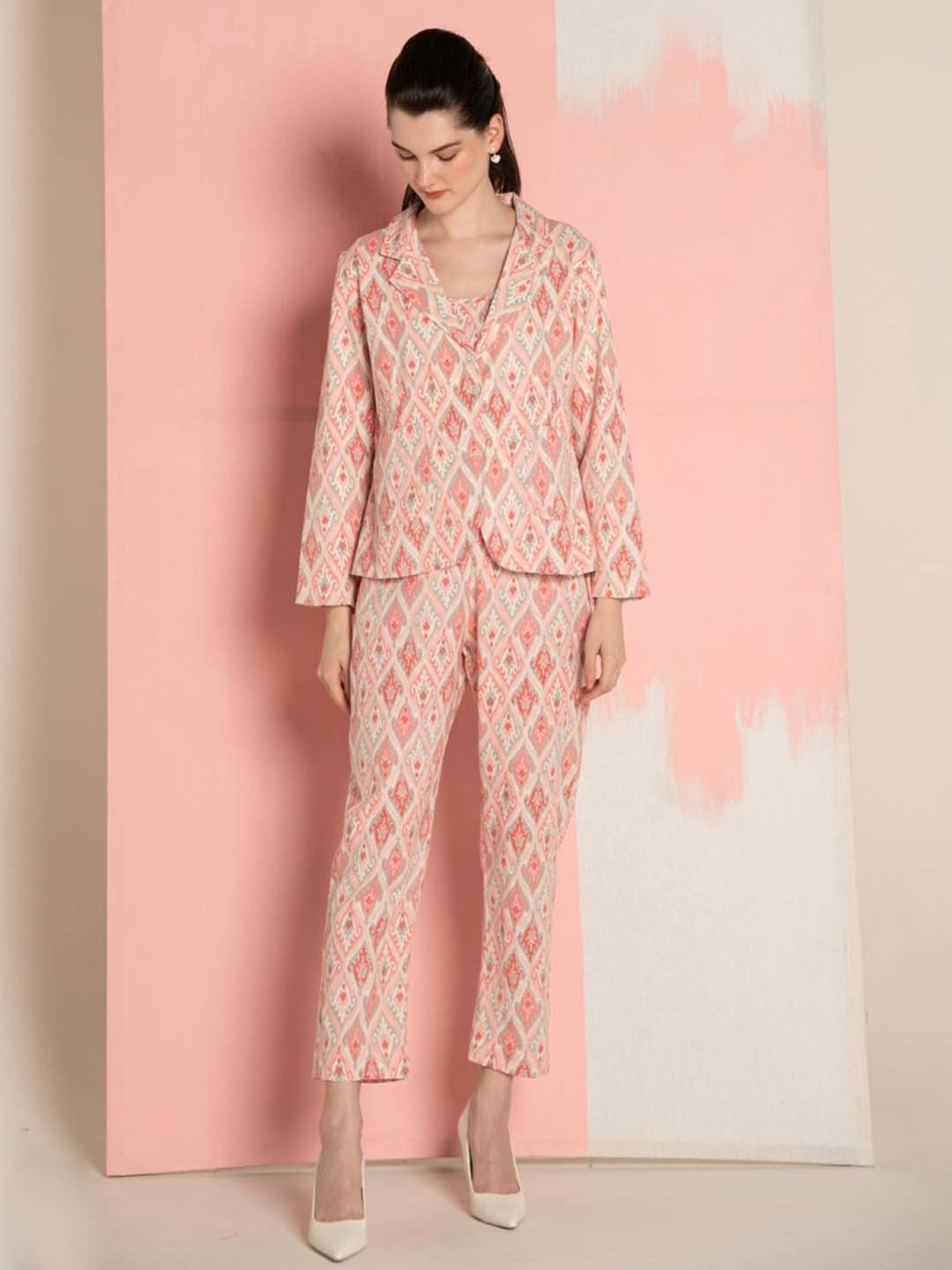 Ekohum Pink Cotton Flex Ikhat Print Coat with Cotton Flex Ikhat Print Pant Co-Ord Set