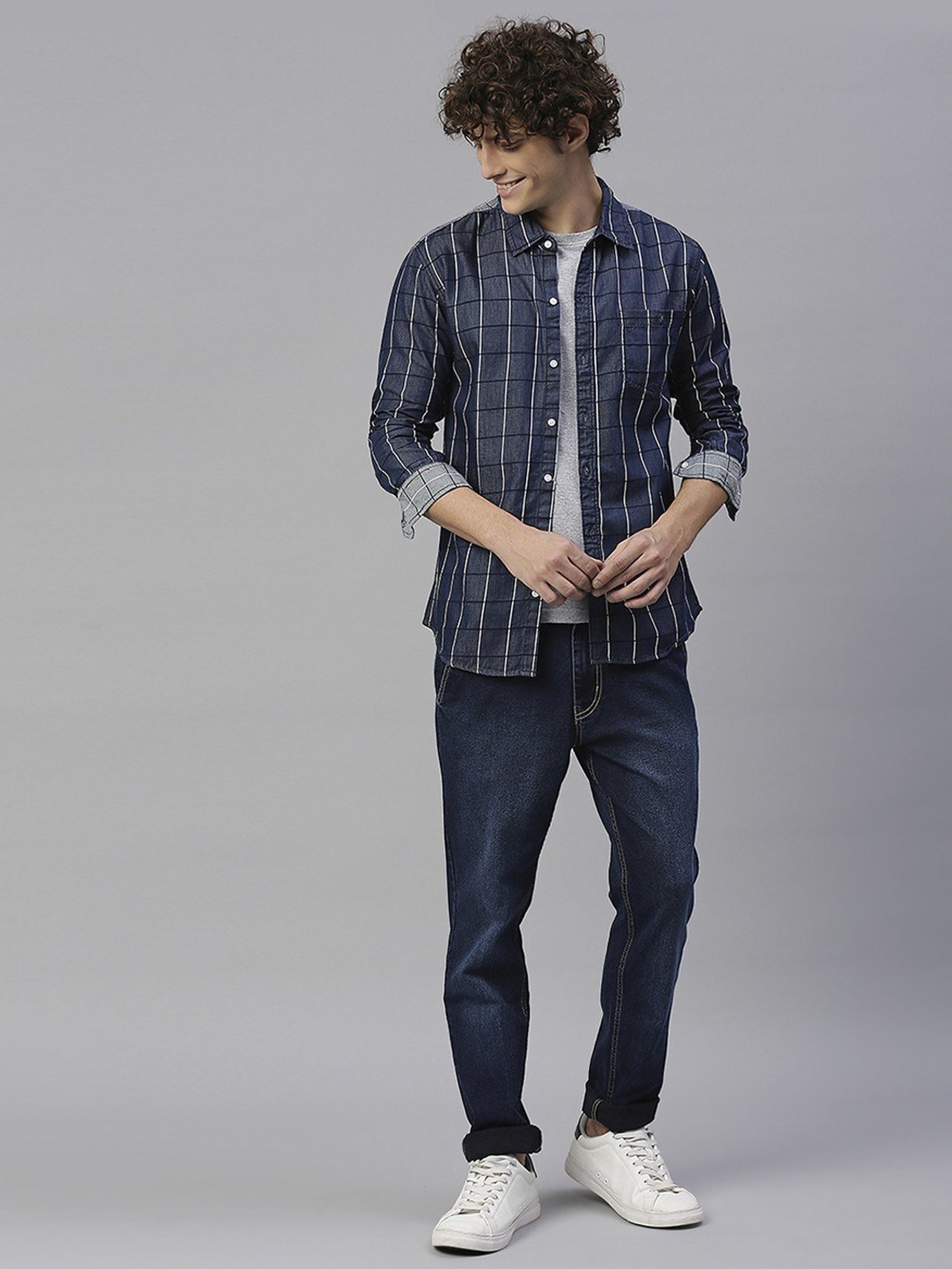 High Star Blue Cotton Regular Fit Checks Shirt