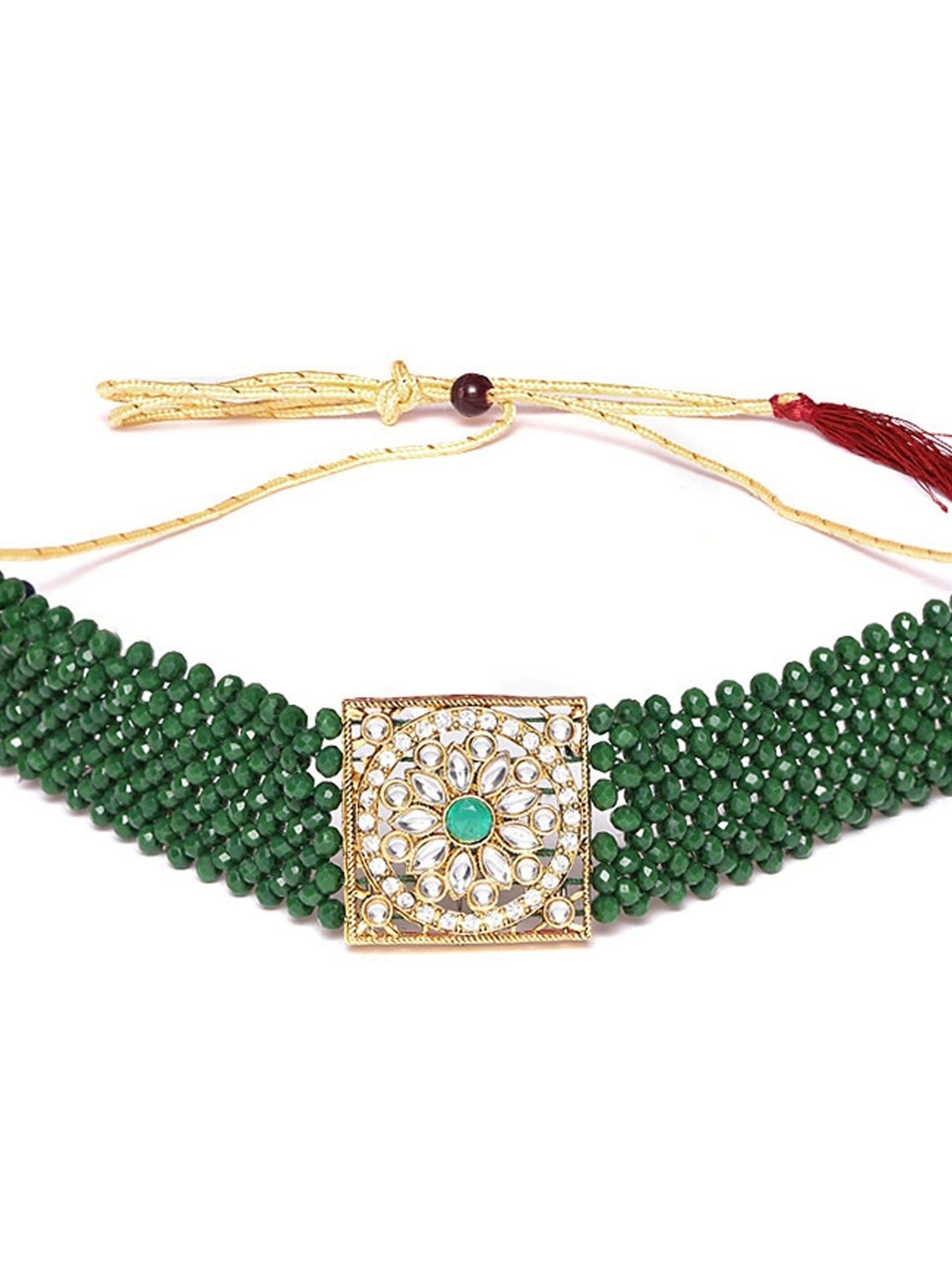 Zaveri Pearls Green Crystal Beads & Kundan Necklace & Earring Set