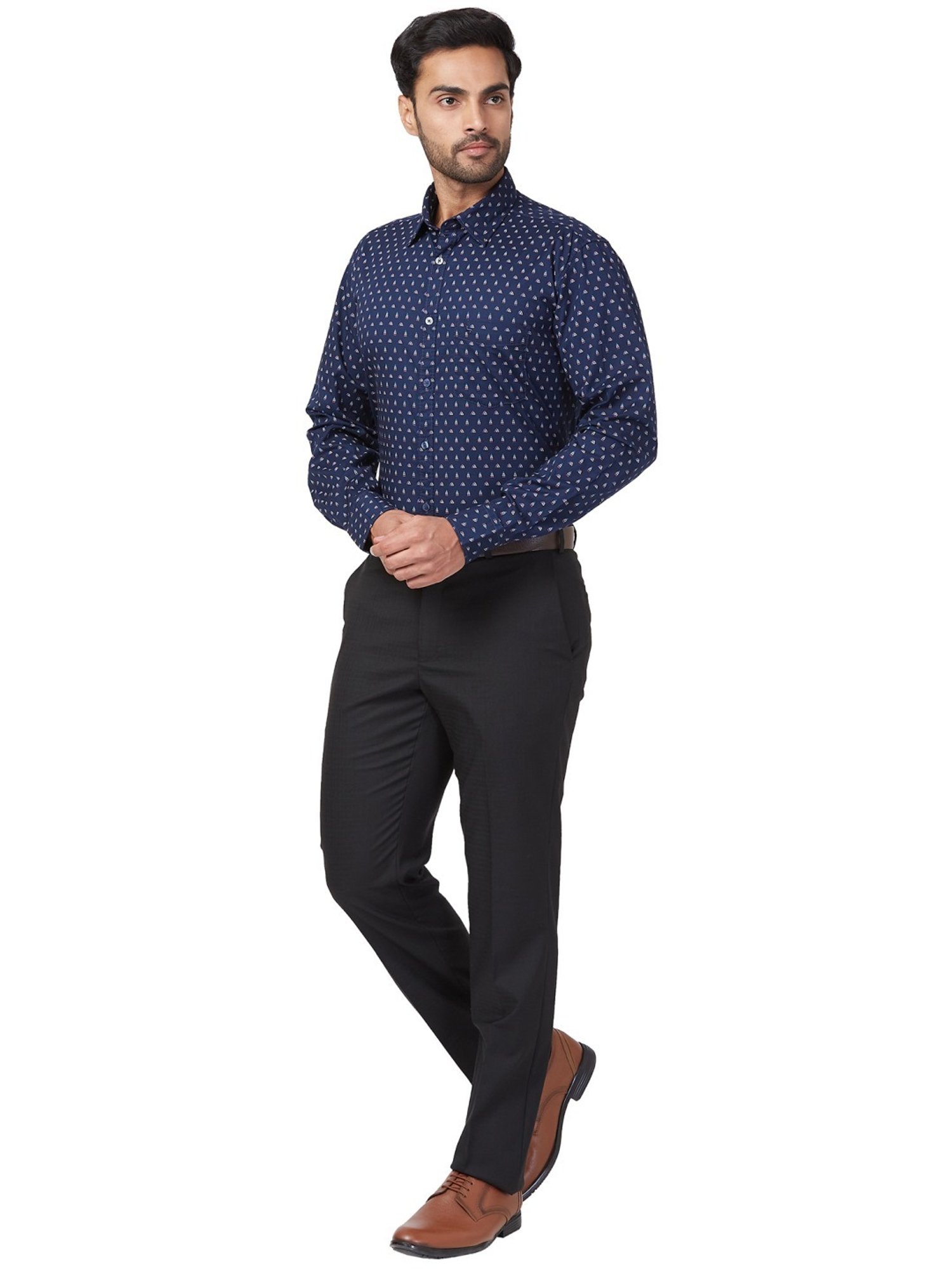 Parx Blue Cotton Slim Fit Printed Shirt