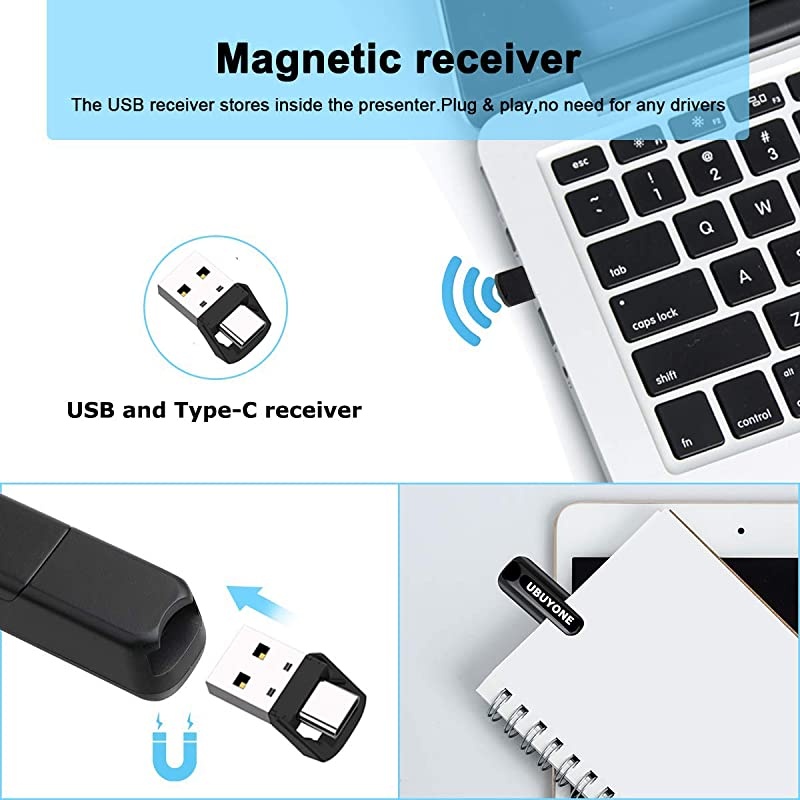 Wireless Presenter RF2.4G Hz Type-c PowerPoint Remote Control Presentation Clicker with Hyperlink &Volume Control &Type-c to USB Receiver Pointer (1 pcs Battery)