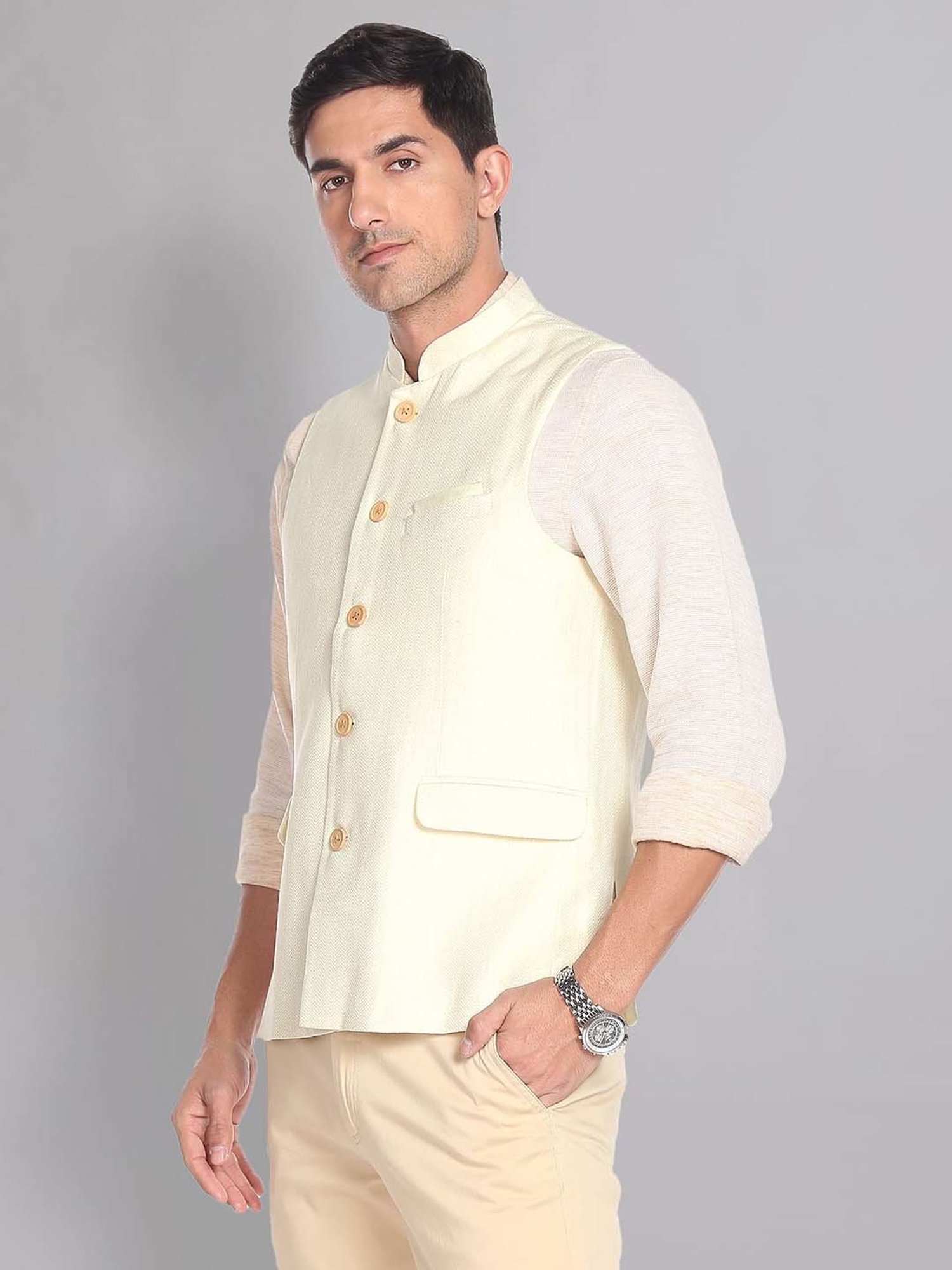 AD by Arvind Light Beige Mandarin Collar Self Design Nehru Jacket