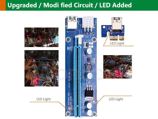 PCI-E Riser for Bitcoin/Litecoin/ETH coin, GPU Extension Cable, PCle VER 009S 16X to 1X (6PIN/MOLEX/SATA) Mining Powered Riser Adapter Card with 23.6 inches USB 3.0 Cable  - 3 Packs