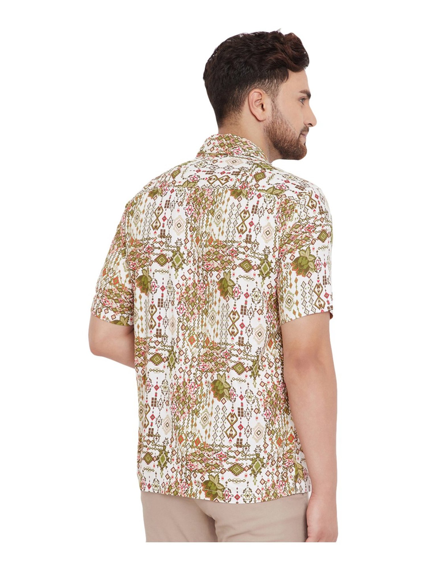 Even White & Green Slim Fit Printed Shirt