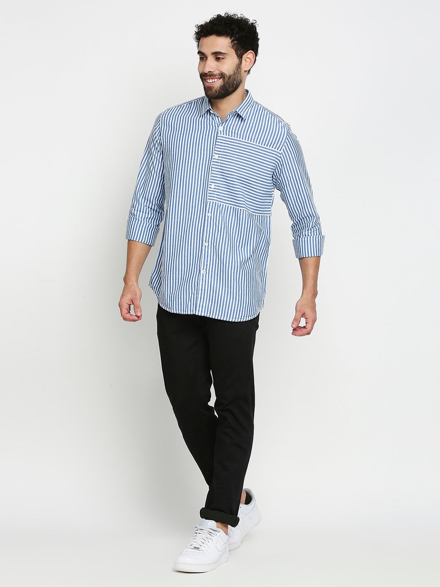 SOLEMIO Blue Slim Fit Striped Cotton Shirt