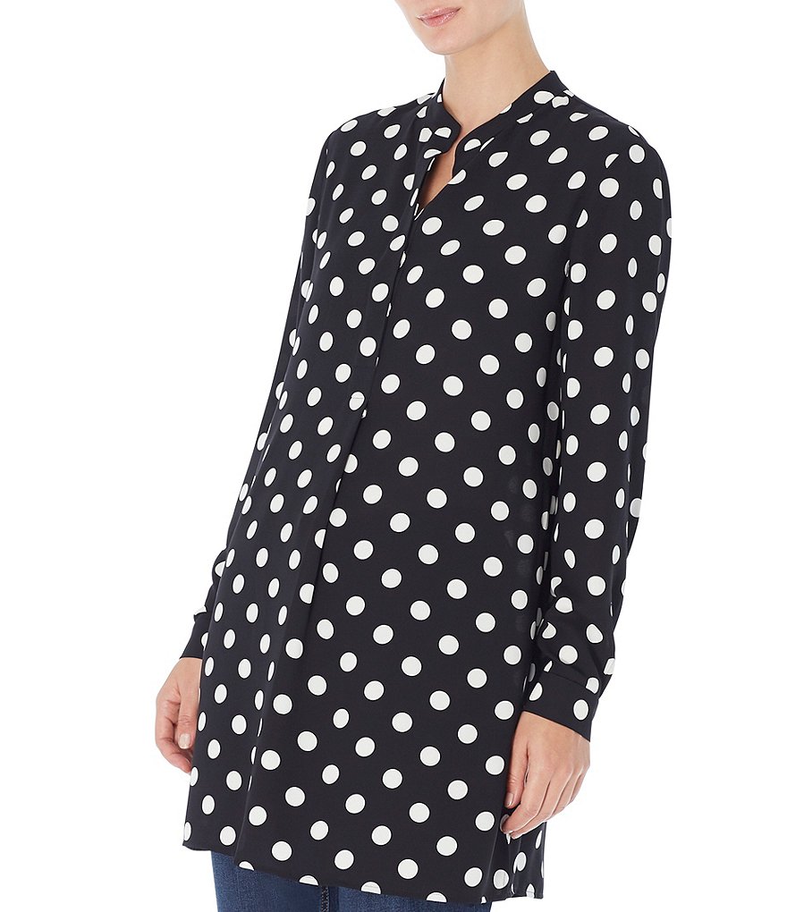 Jones New York Polka Dot Print Crepe Long Sleeve Tunic Blouse