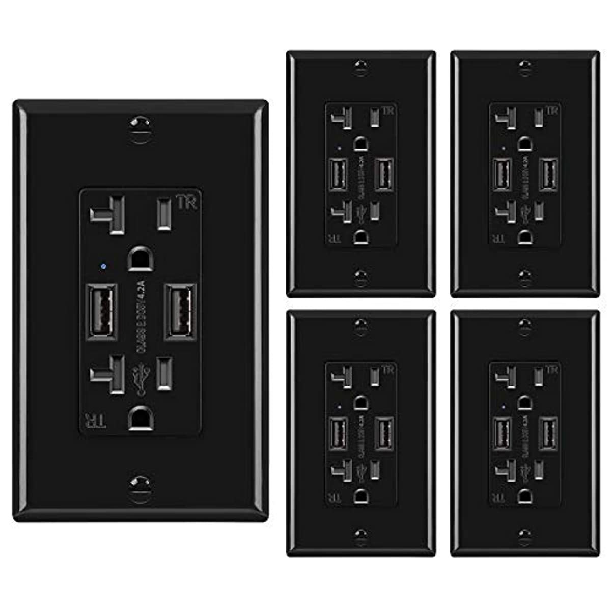 [5 Pack] BESTTEN 20 Amp USB Wall Receptacle with 4.2A Dual USB Charging Ports for Smartphone, Tablet and Other USB Device, Tamper Resistant, Listed, Black