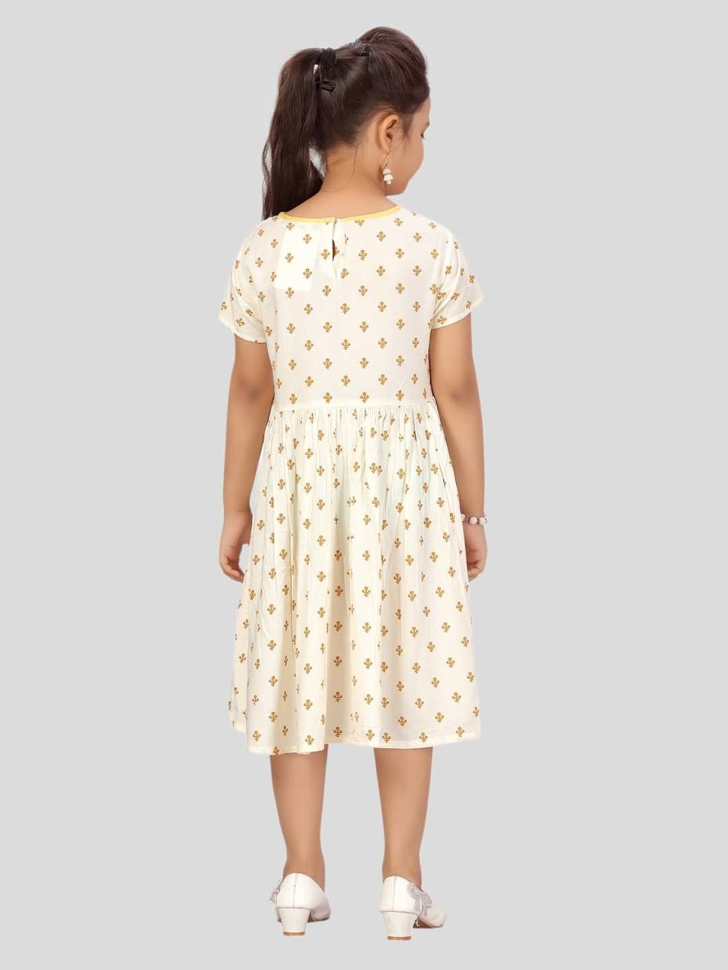 Aarika Kids White & Yellow Printed Frock Dress