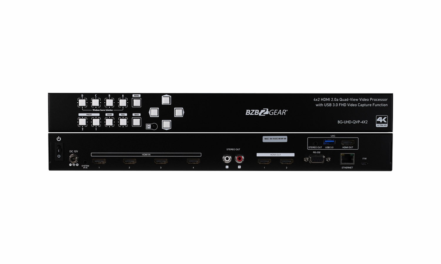 BZBGEAR 4K/UHD 4x2 Seamless Multiviewer/Presentation Switcher/Scaler with USB Capture Card