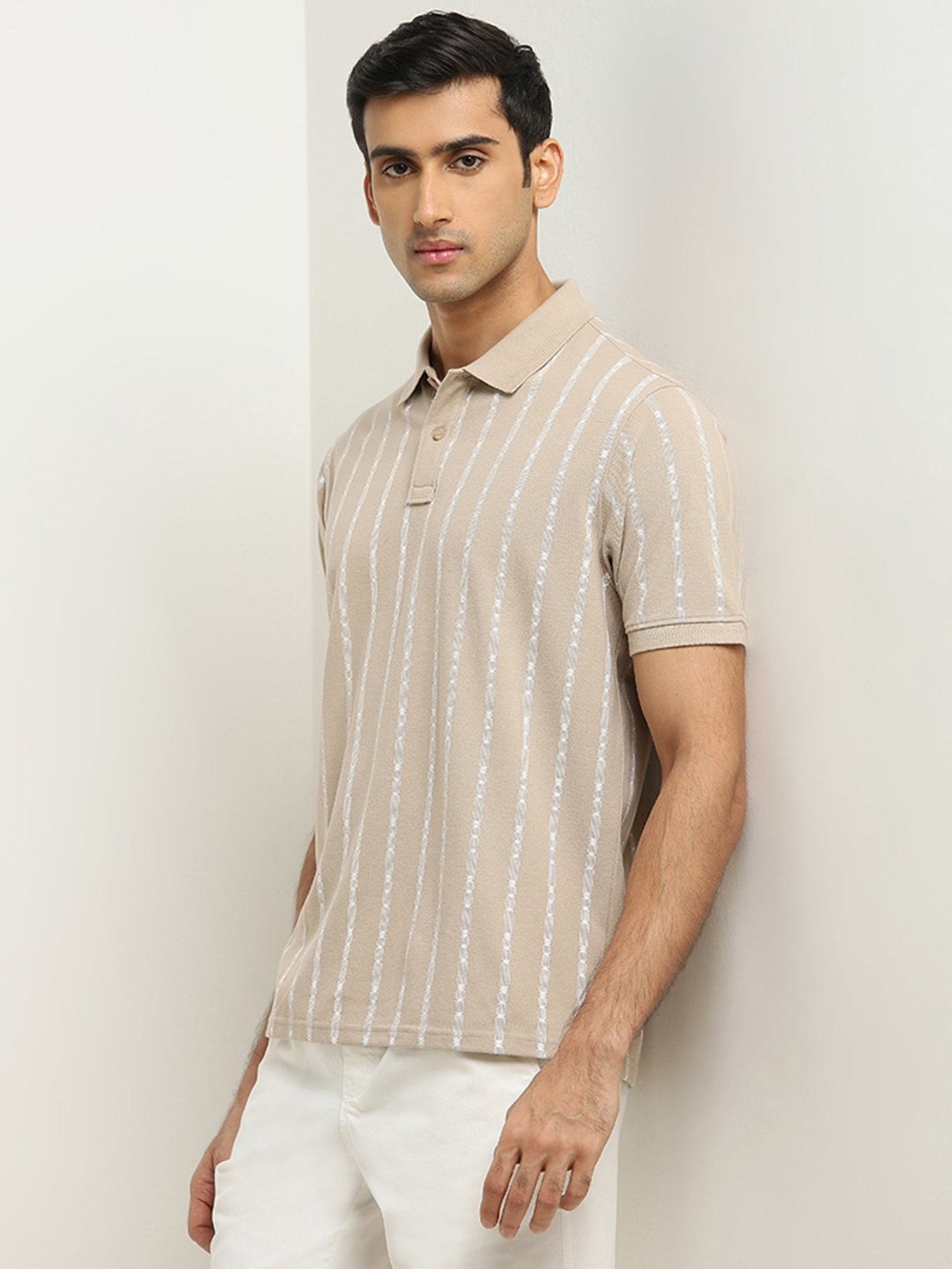 WES Casuals by Westside Light Brown Striped Relaxed-Fit Polo T-Shirt