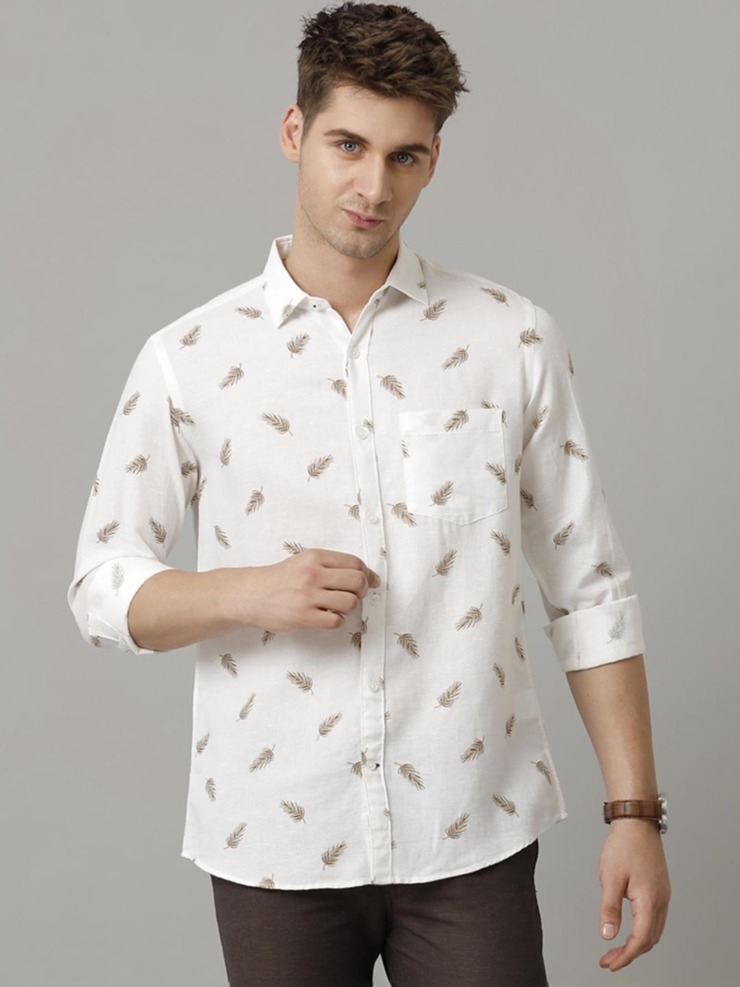 Linen Club White Linen Contemporary Fit Printed Shirt