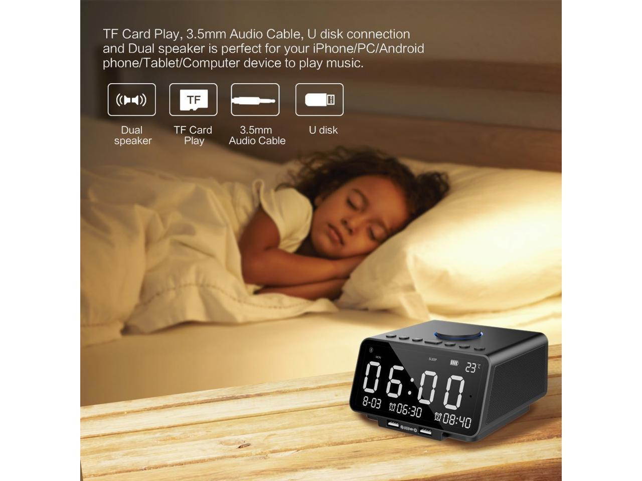 Alarm Clock Radio Wireless Bluetooth Stereo Speaker Digital Alarm Clock for Heavy Sleepers with FM Radio/AUX-IN/ Snooze,Auto Dimmer,Cell Phone USB Charging Night Lights Lamp Large LED Display Bedroom