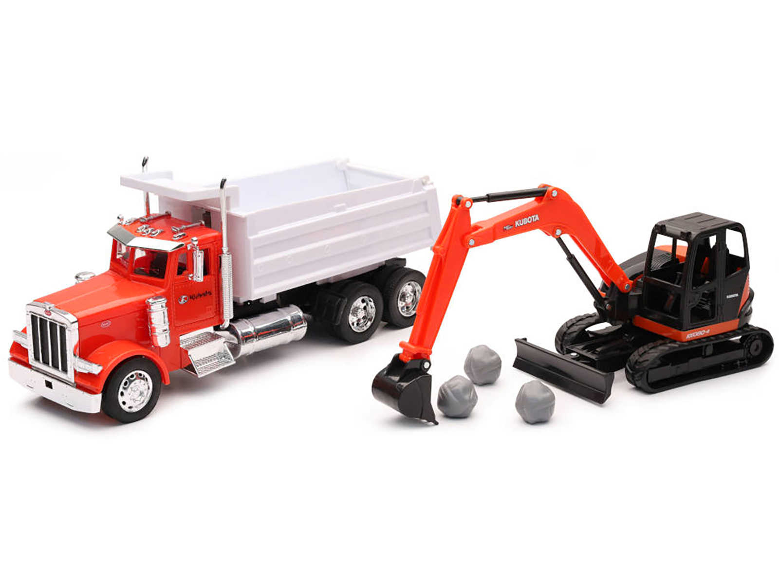 Peterbilt Dump Truck Orange and White and Kubota KX080-4 Excavator Orange and Black with Rocks 1/32 Diecast Model by New Ray