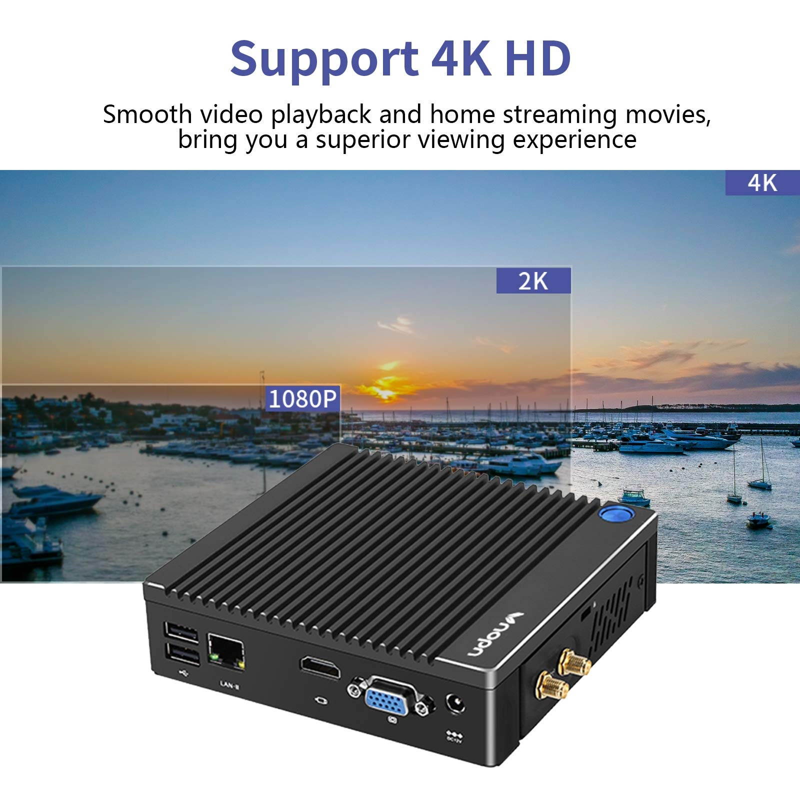 Vnopn Fanless Mini PC Windows 10 Pro, Small Computer Intel N3710 Quad Core, up to 2.56GHz, Micro Desktop PC 4K HD with 4GB RAM 64GB SSD, 2.4G+5G WiFi/4.0 BT/Dual Display/1000M LAN, Auto Power On/WOL
