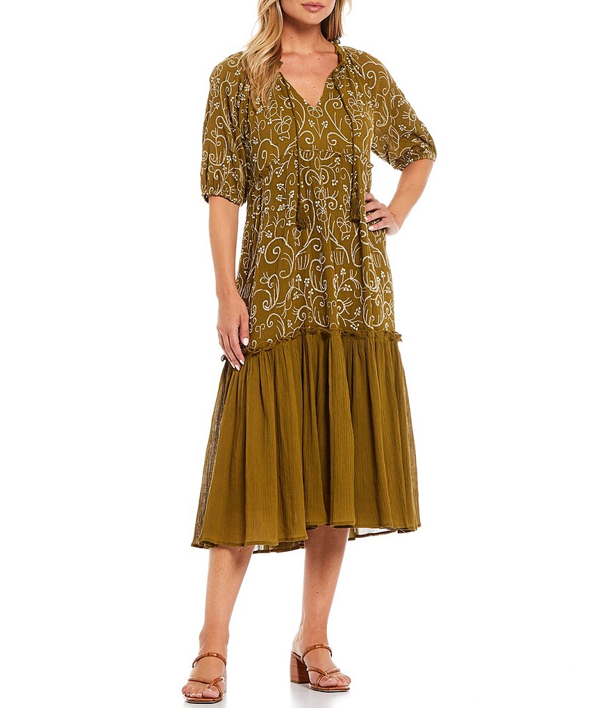 Reba Embroidered Tassel Detail Scoop Neck Short Puff Sleeve Tiered Cotton Gauze Dress