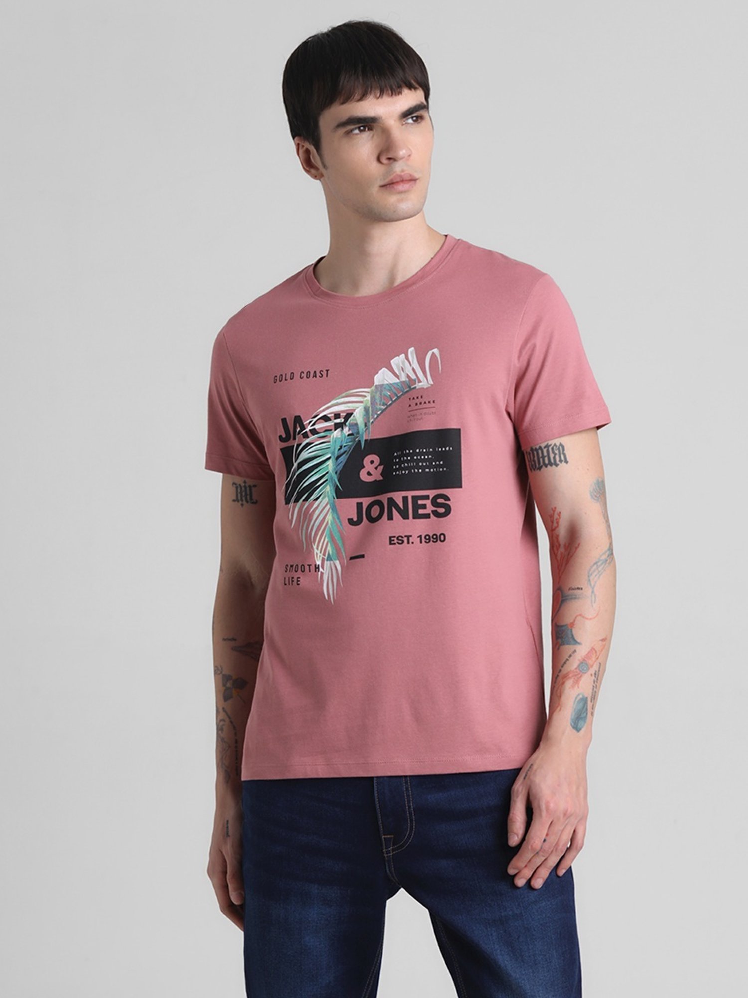 Jack & Jones Mesa Rose Cotton Slim Fit Printed T-Shirt