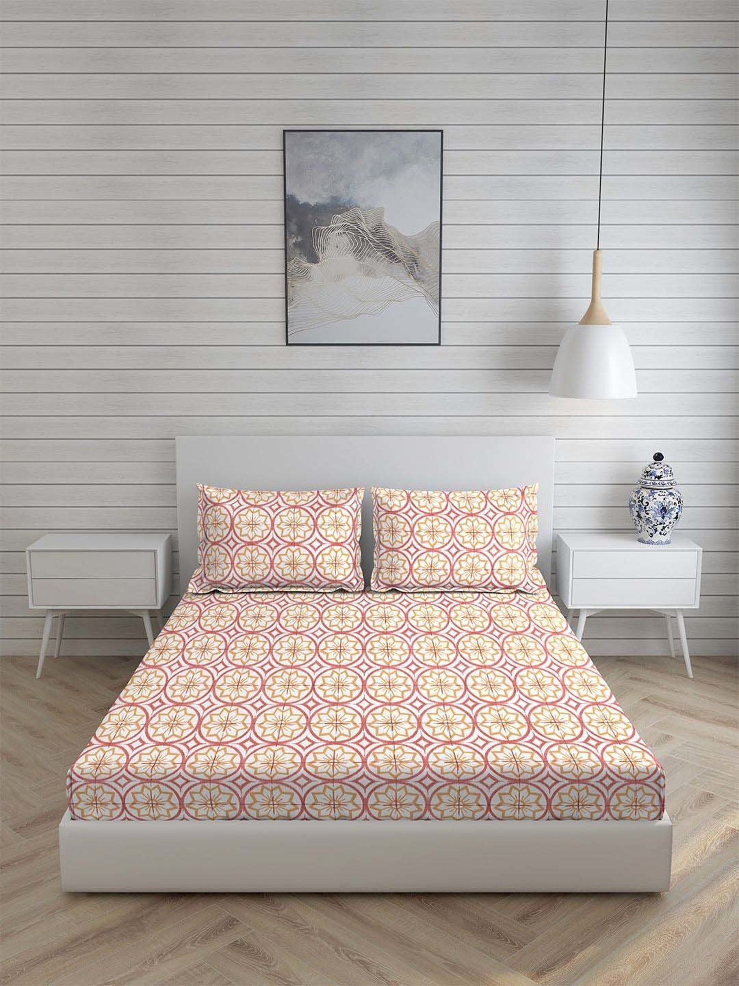 Boutique Living Signature Orange & Pink Cotton 300 TC Fitted Size Bedsheet with Pillow Cover