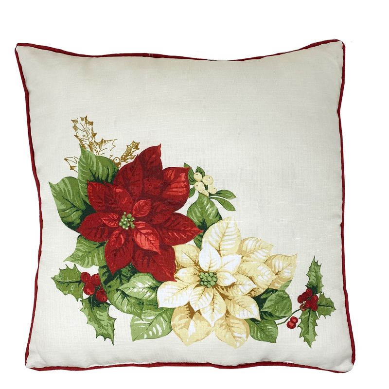 Red and White Poinsettias Holiday Decorative Throw Pillow - 18"x18" - Elrene Home Fashions