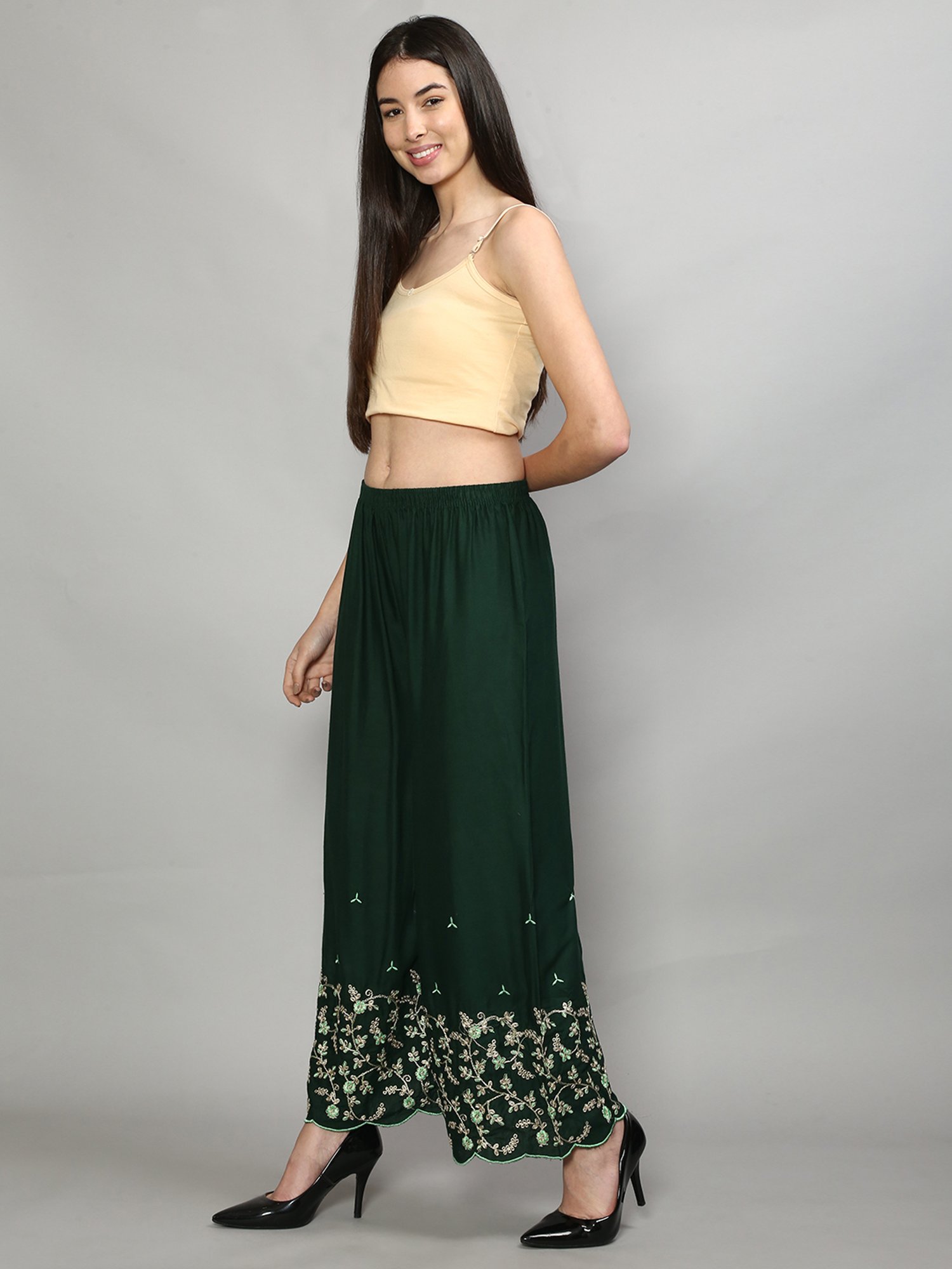 Gracit Green & Turquoise Embroidered Palazzos - Pack Of 2