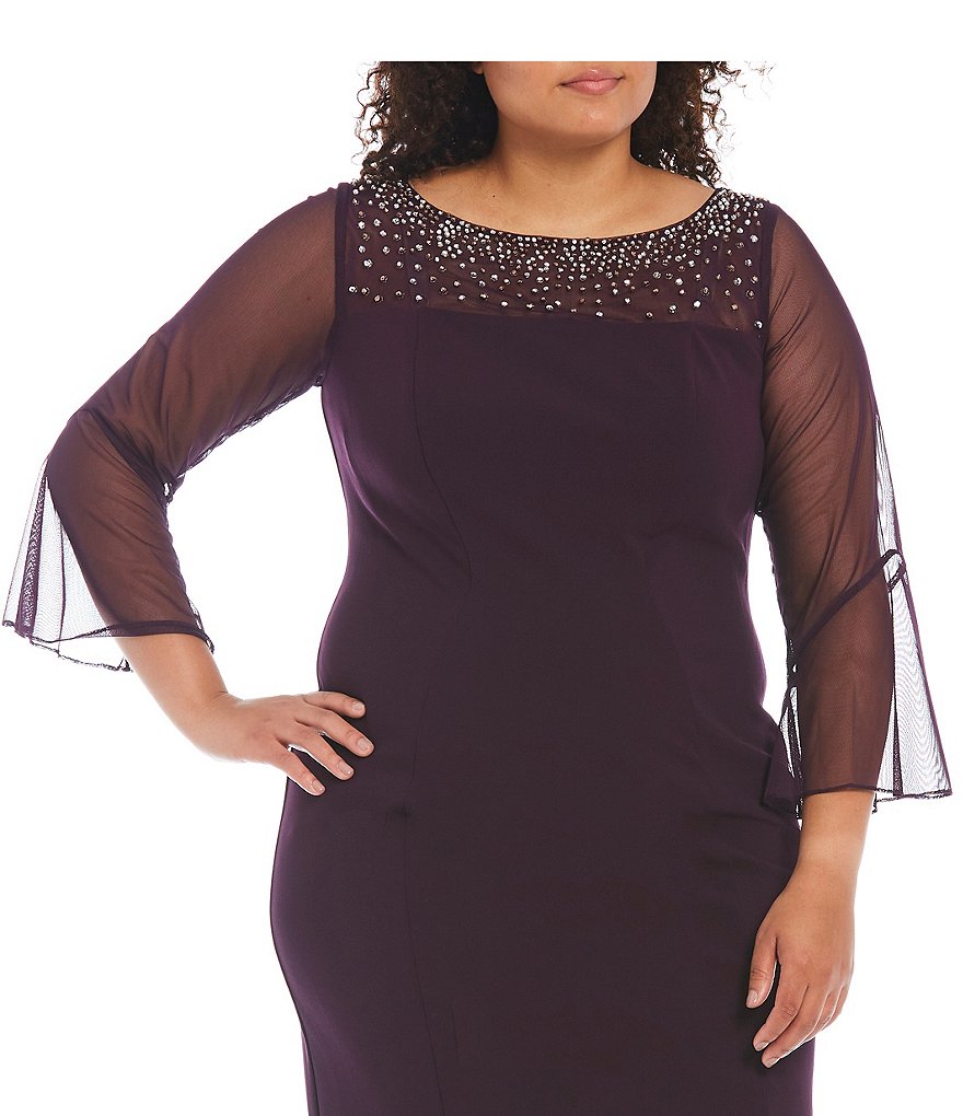 Alex Evenings Plus Size Stretch Crepe Embellished 3/4 Bell Sleeve Illusion Boat Neck Sheath Dress