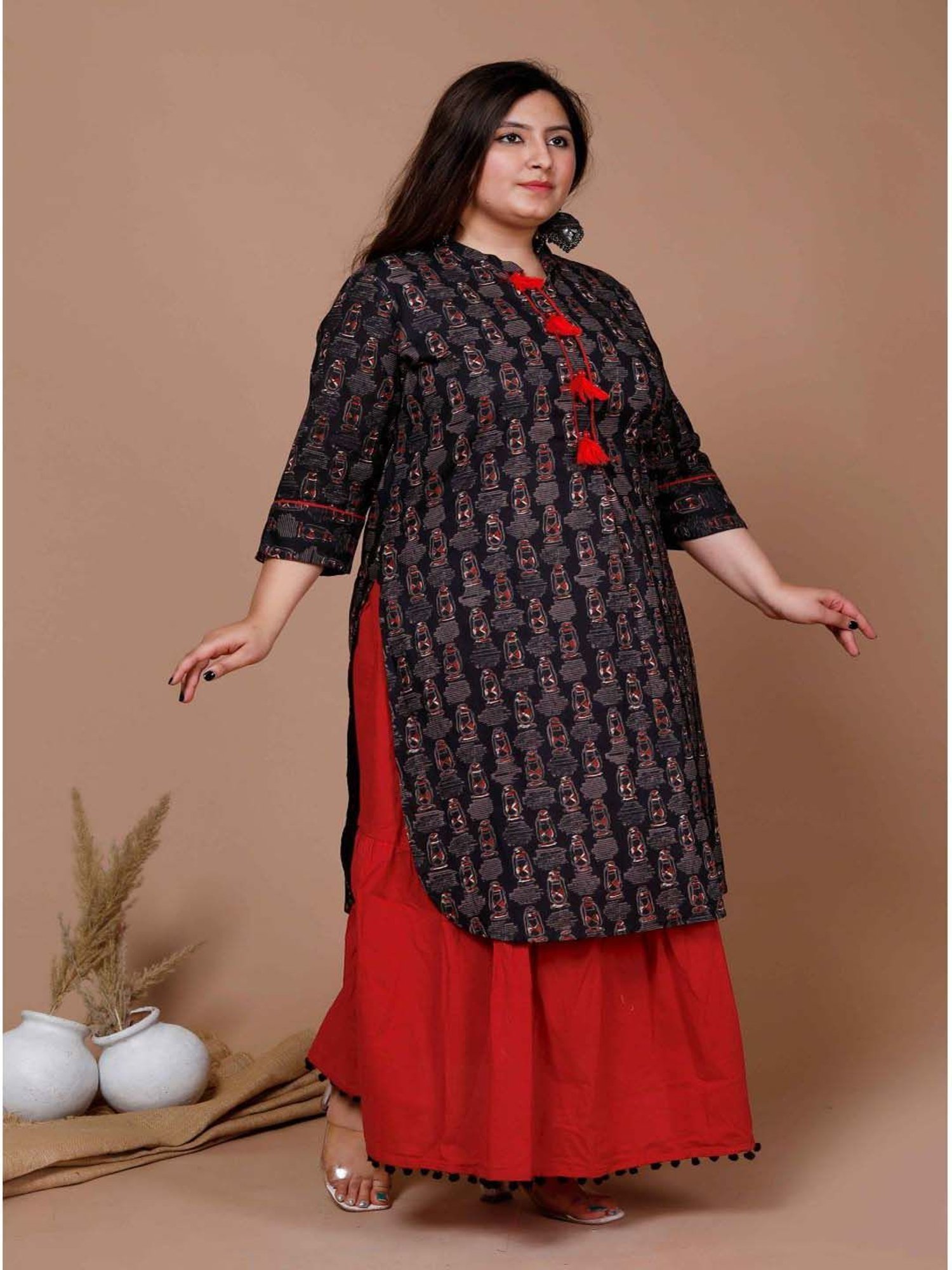 Miravan Black & Red Cotton Printed Kurta Palazzo Set