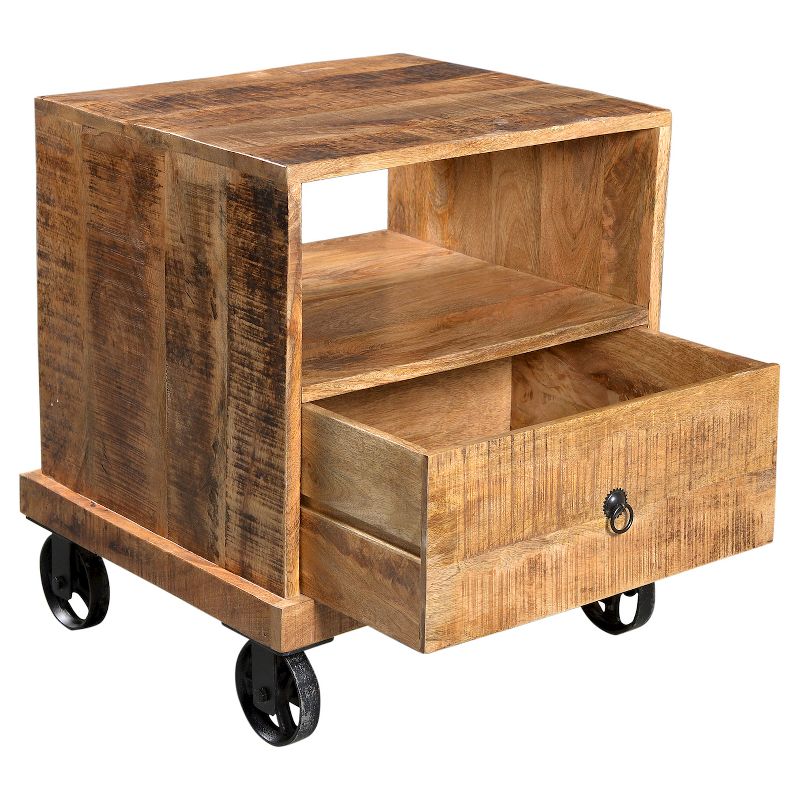 Industrial Reclaimed Wood and Iron Wheeled End Table - (26H x 22W x 20D) - Natural - Timbergirl