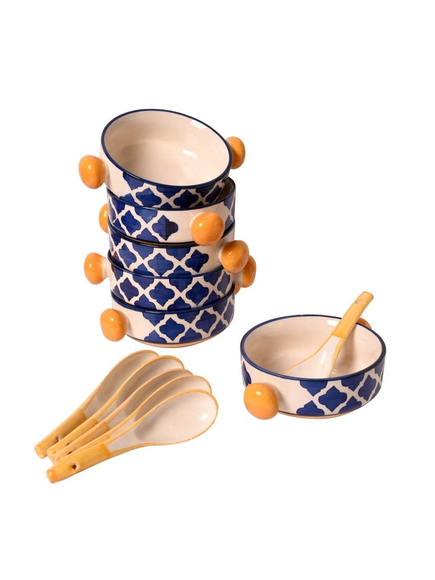 Unravel India Blue & White Ceramic  Soup Bowl Set